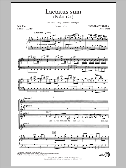 Download Nicola Porpora Laetatus Sum (Psalm 121) Sheet Music