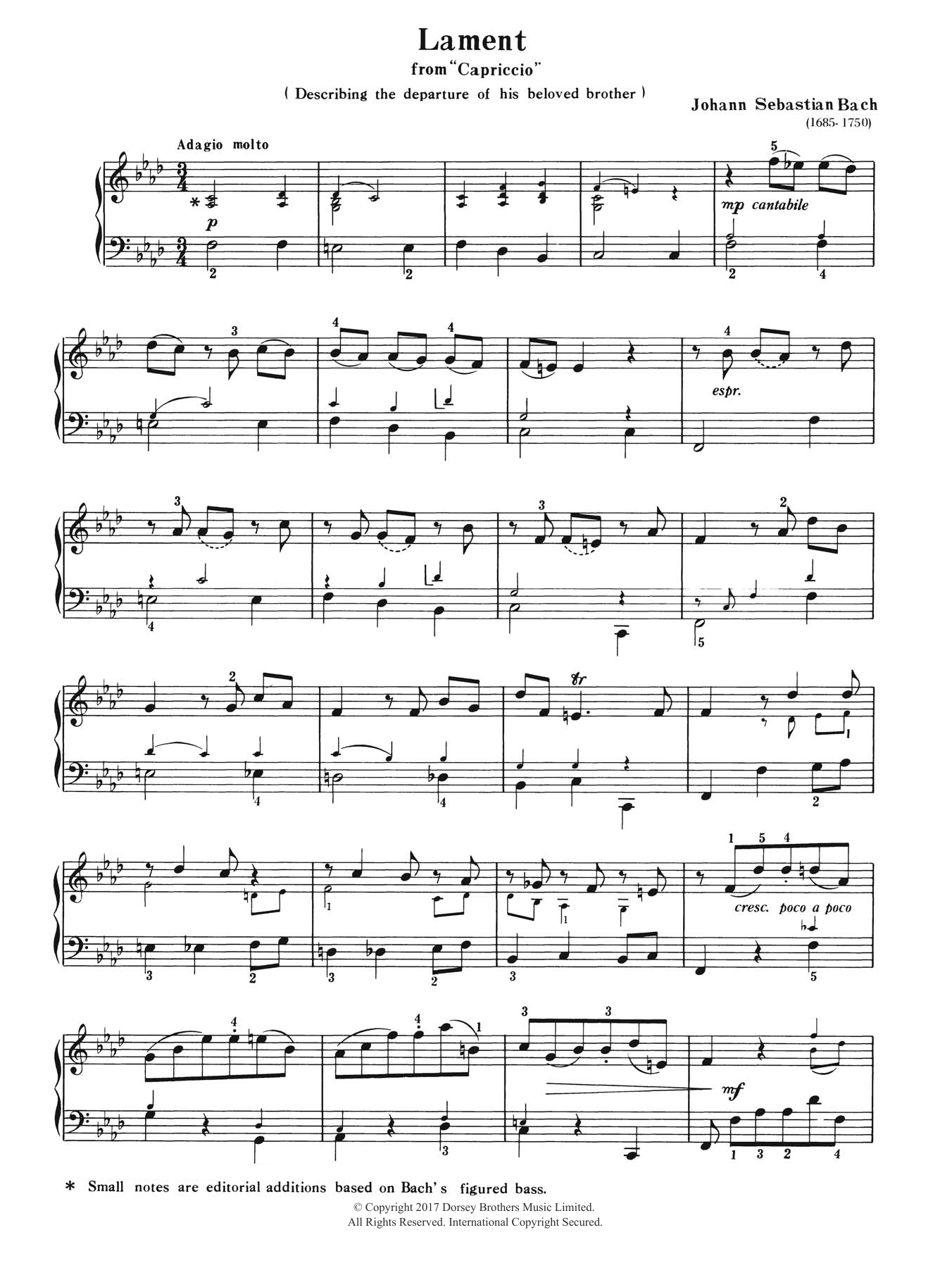 Download Johann Sebastian Bach Lament (from Capriccio) Sheet Music
