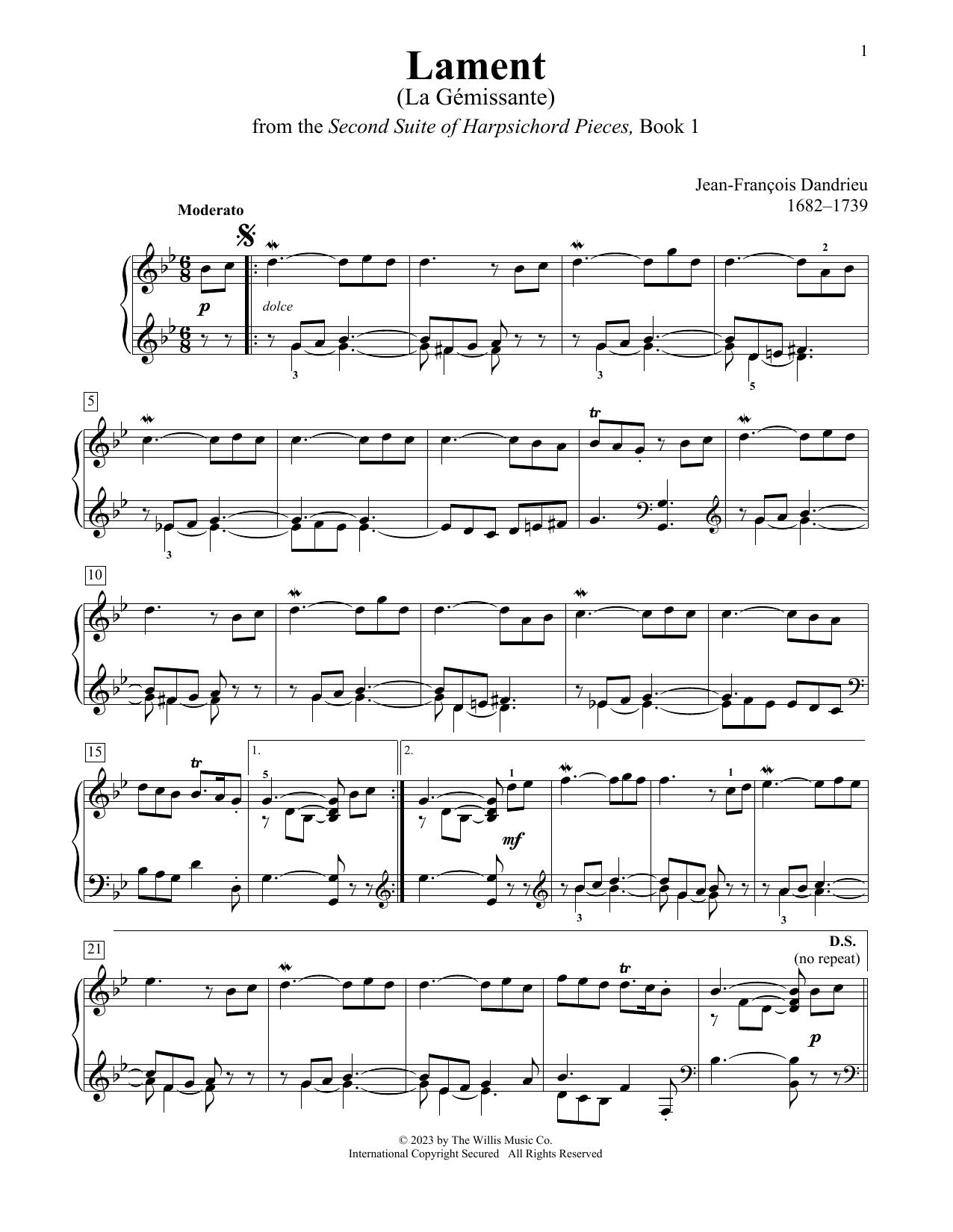 Jean-Francois Dandrieu Lament (La Gemissante) sheet music notes printable PDF score
