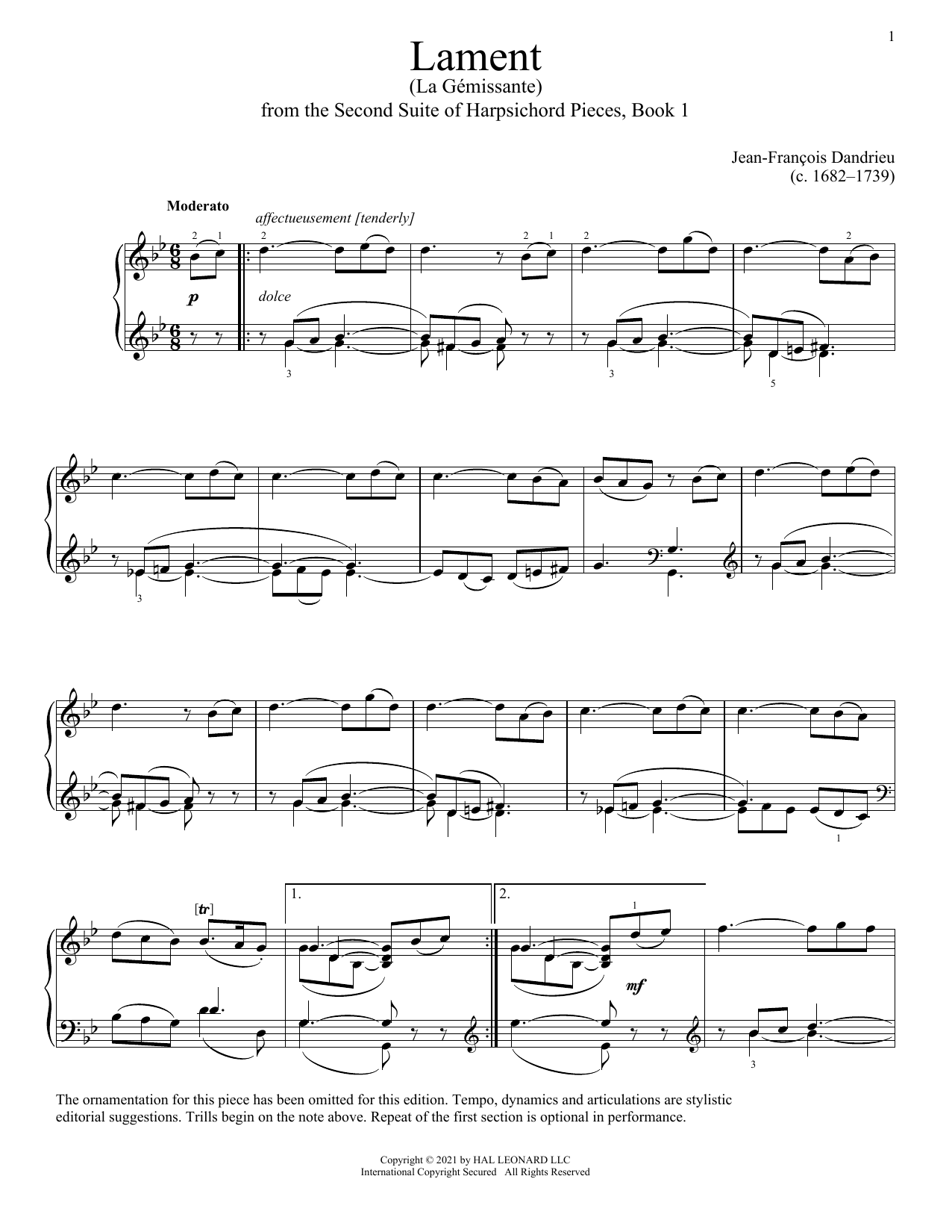 Jean-Francois Dandrieu Lament sheet music notes printable PDF score