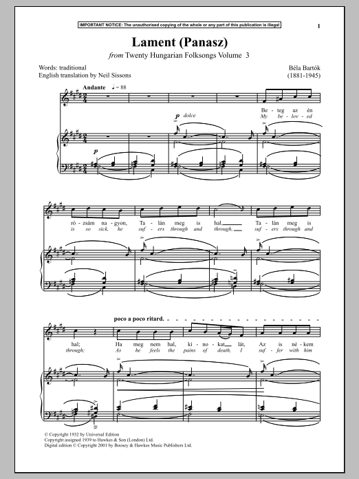 Download Bela Bartok Lament (Panasz) (from Twenty Hungarian Sheet Music