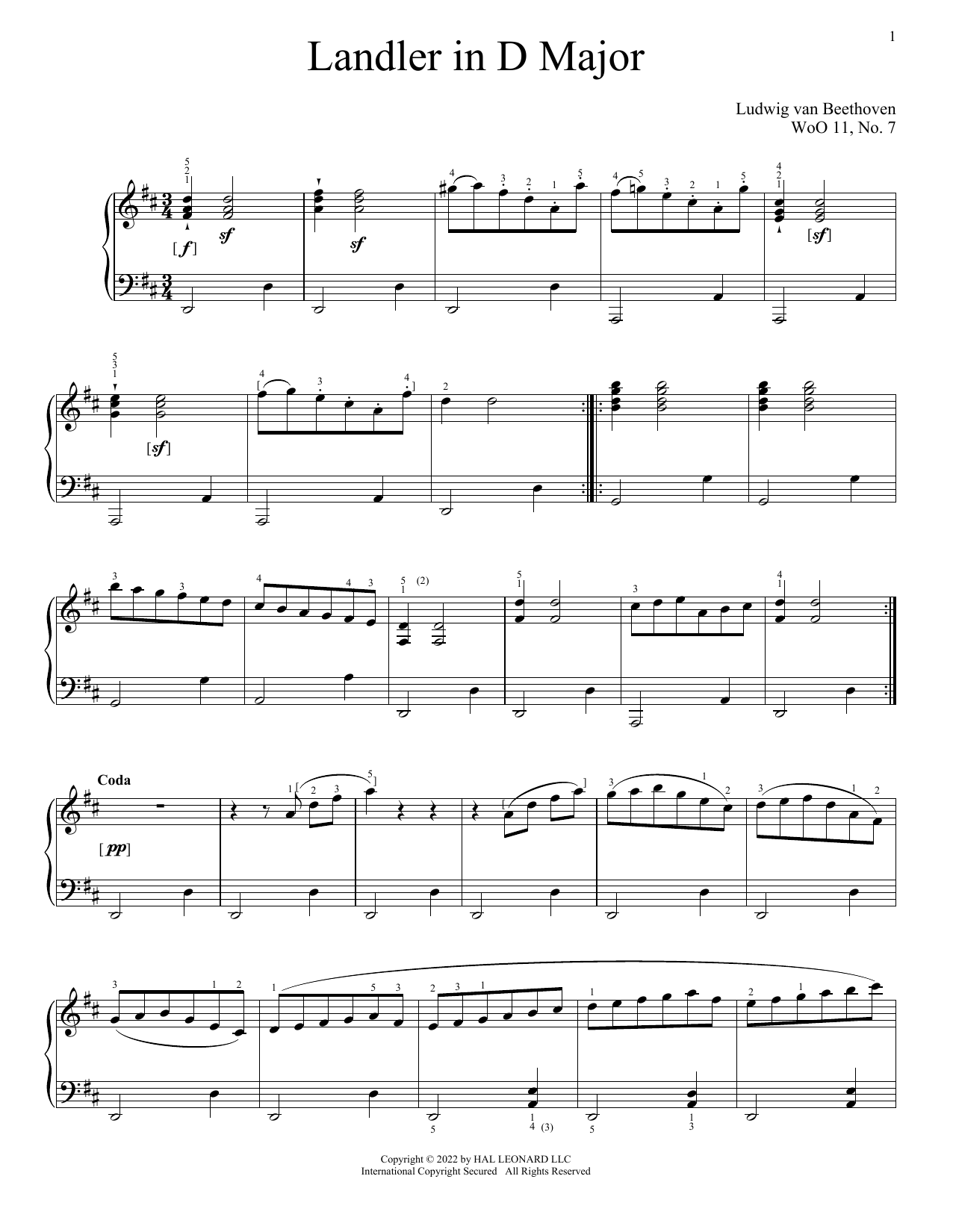 Download Ludwig van Beethoven Landler In D Major, WoO 11, No. 7 Sheet Music