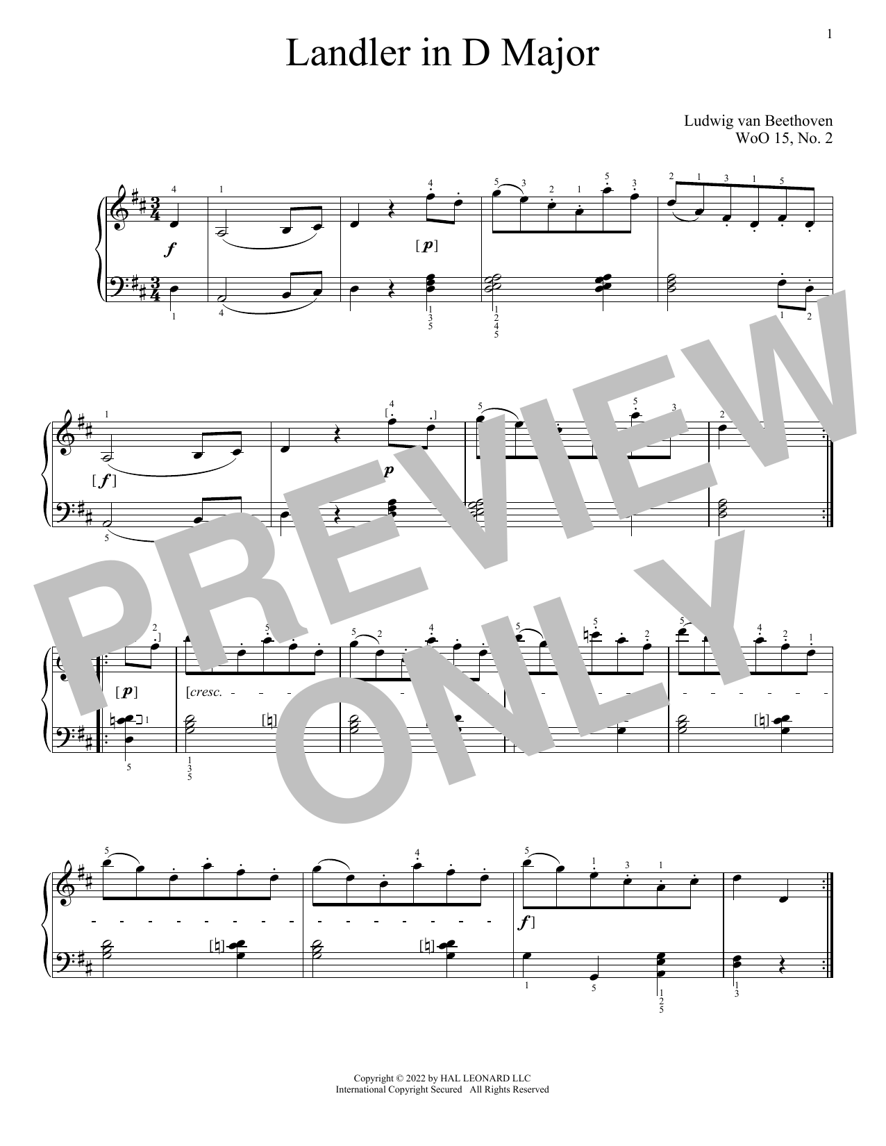 Download Ludwig van Beethoven Landler In D Major, WoO 15, No. 2 Sheet Music