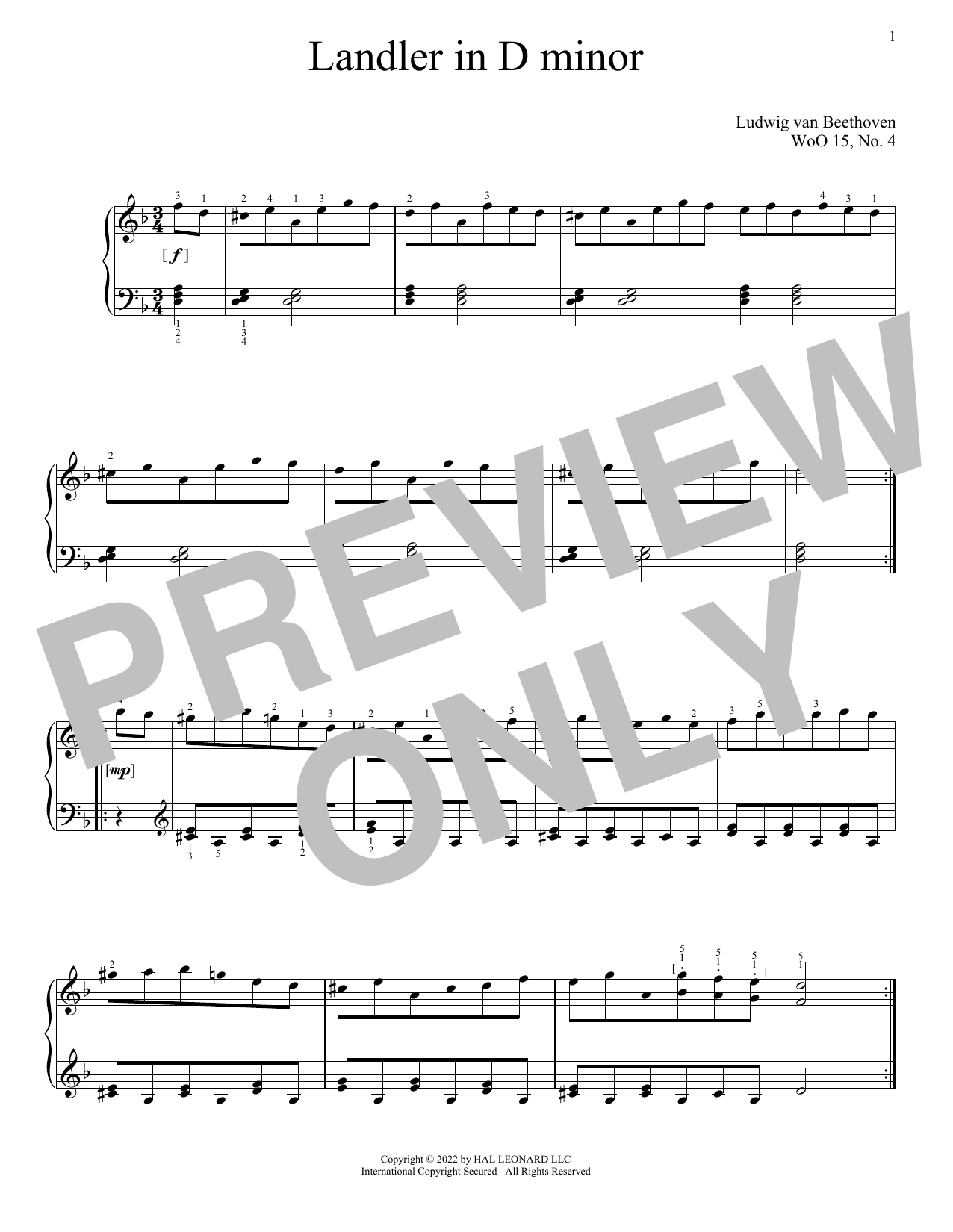 Download Ludwig van Beethoven Landler In D Minor, WoO 15, No. 4 Sheet Music