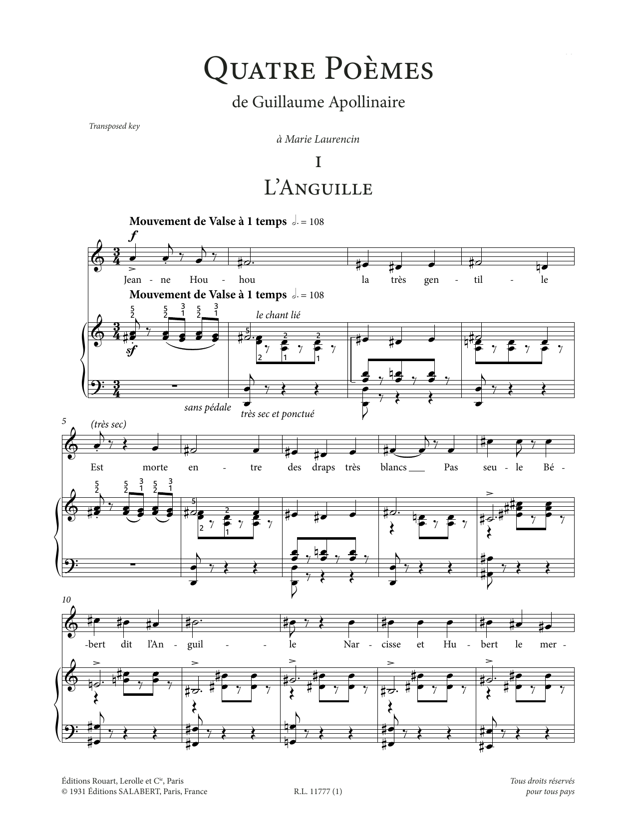 Francis Poulenc L'Anguille (High Voice) sheet music notes printable PDF score