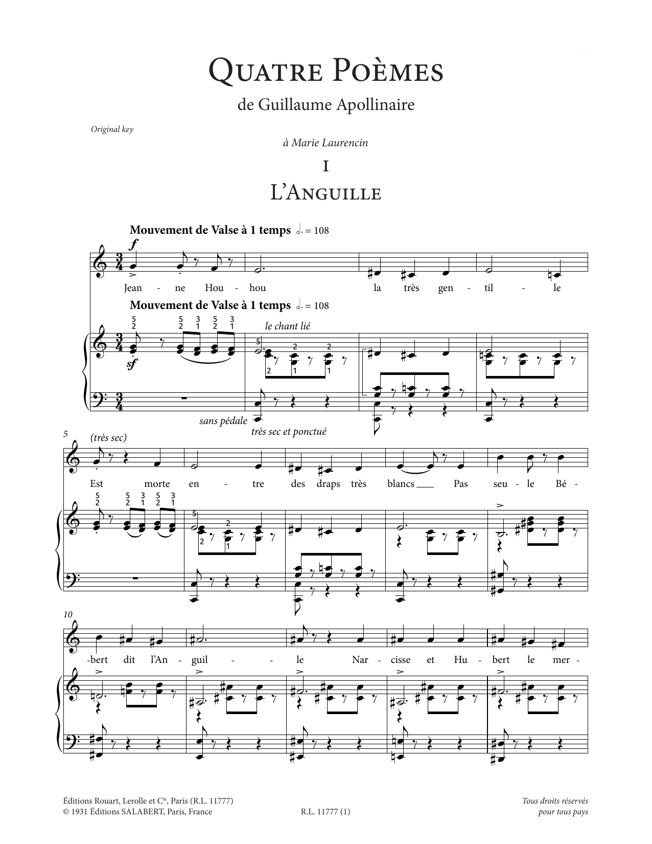 Francis Poulenc L'Anguille (Low Voice) sheet music notes printable PDF score