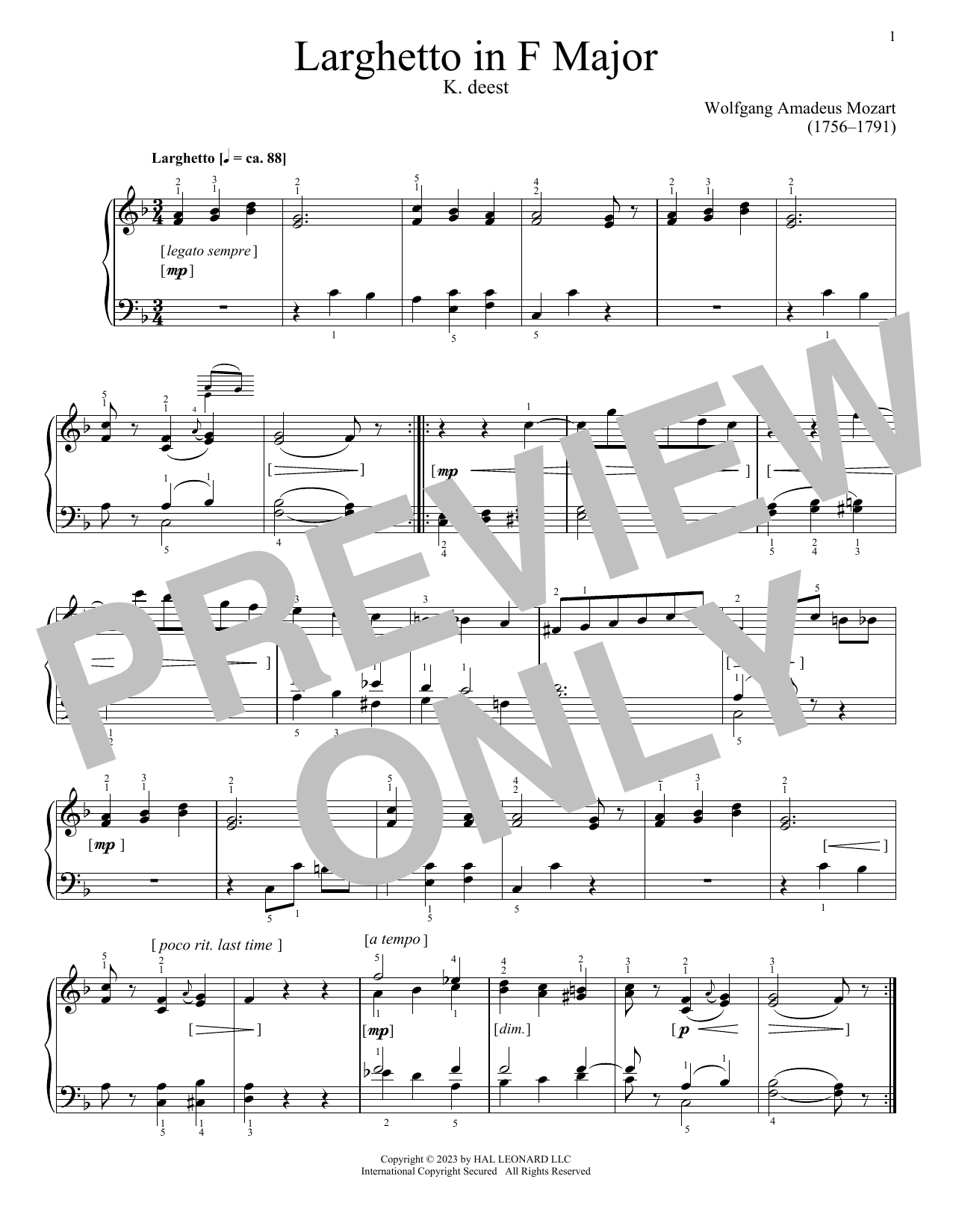 Download Wolfgang Amadeus Mozart Larghetto in F Major, K. deest Sheet Music