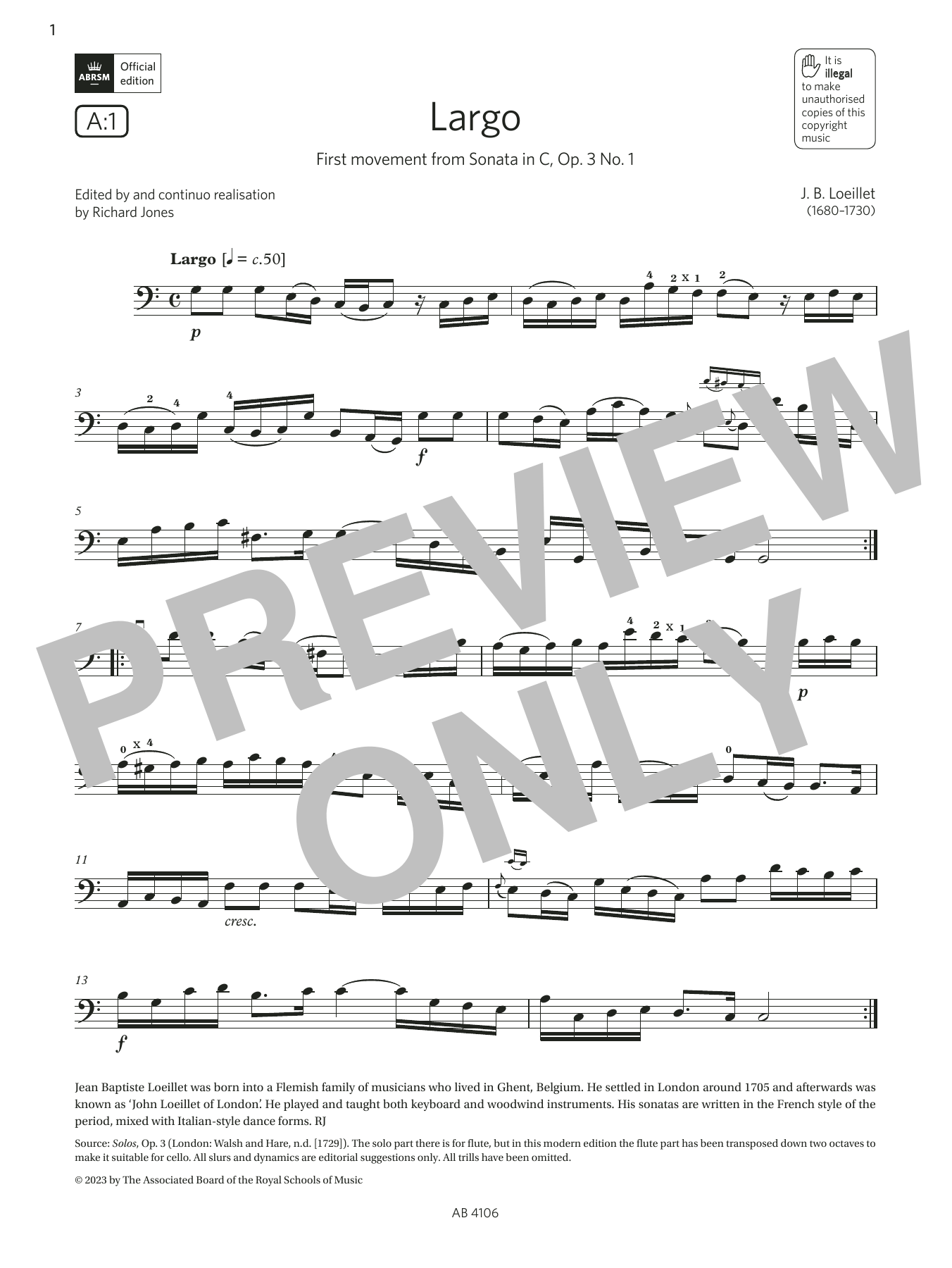 Download J. B. Loeillet Largo (Grade 3, A1, from the ABRSM Cell Sheet Music