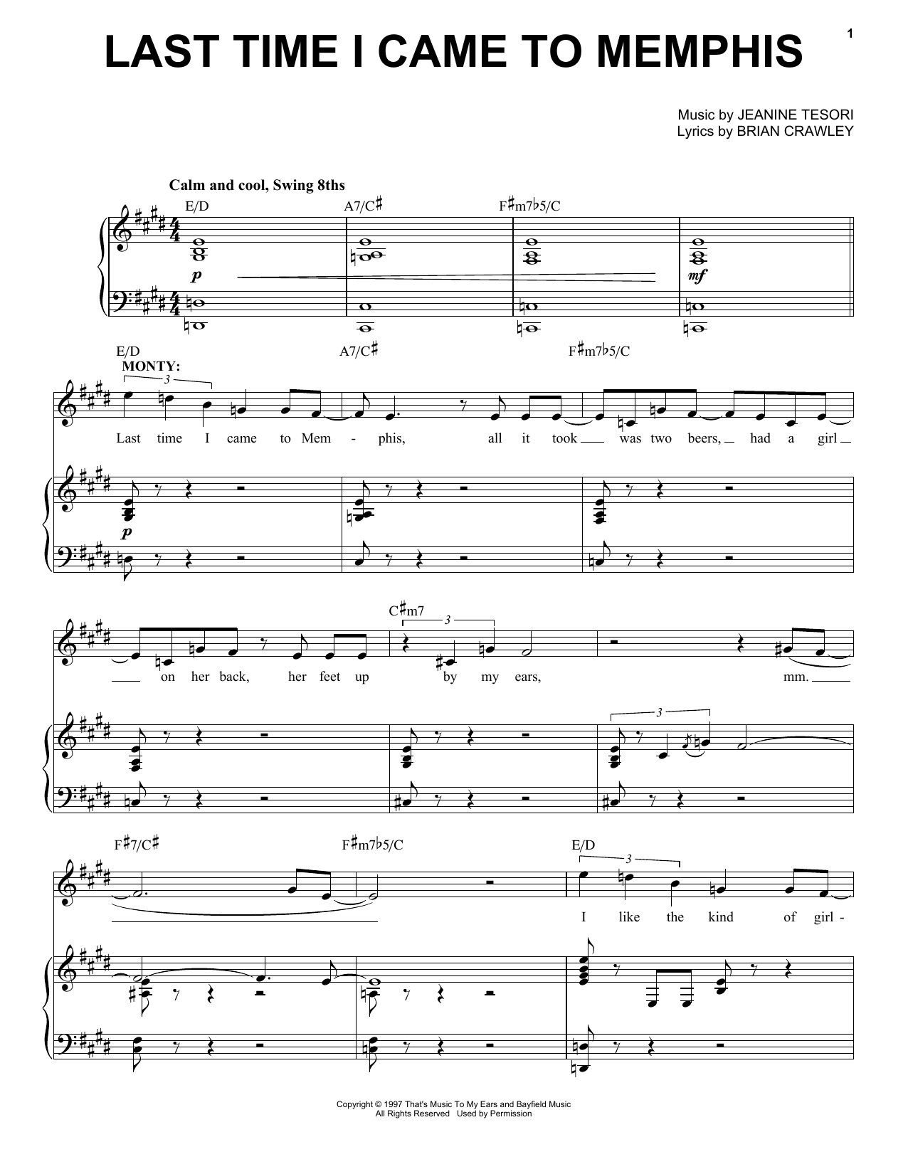 Download Jeanine Tesori Last Time I Came To Memphis Sheet Music