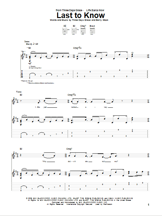 Download Three Days Grace Last To Know Sheet Music