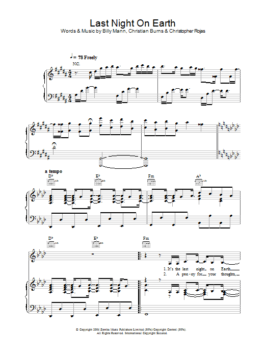 Delta Goodrem Last Night On Earth sheet music notes printable PDF score