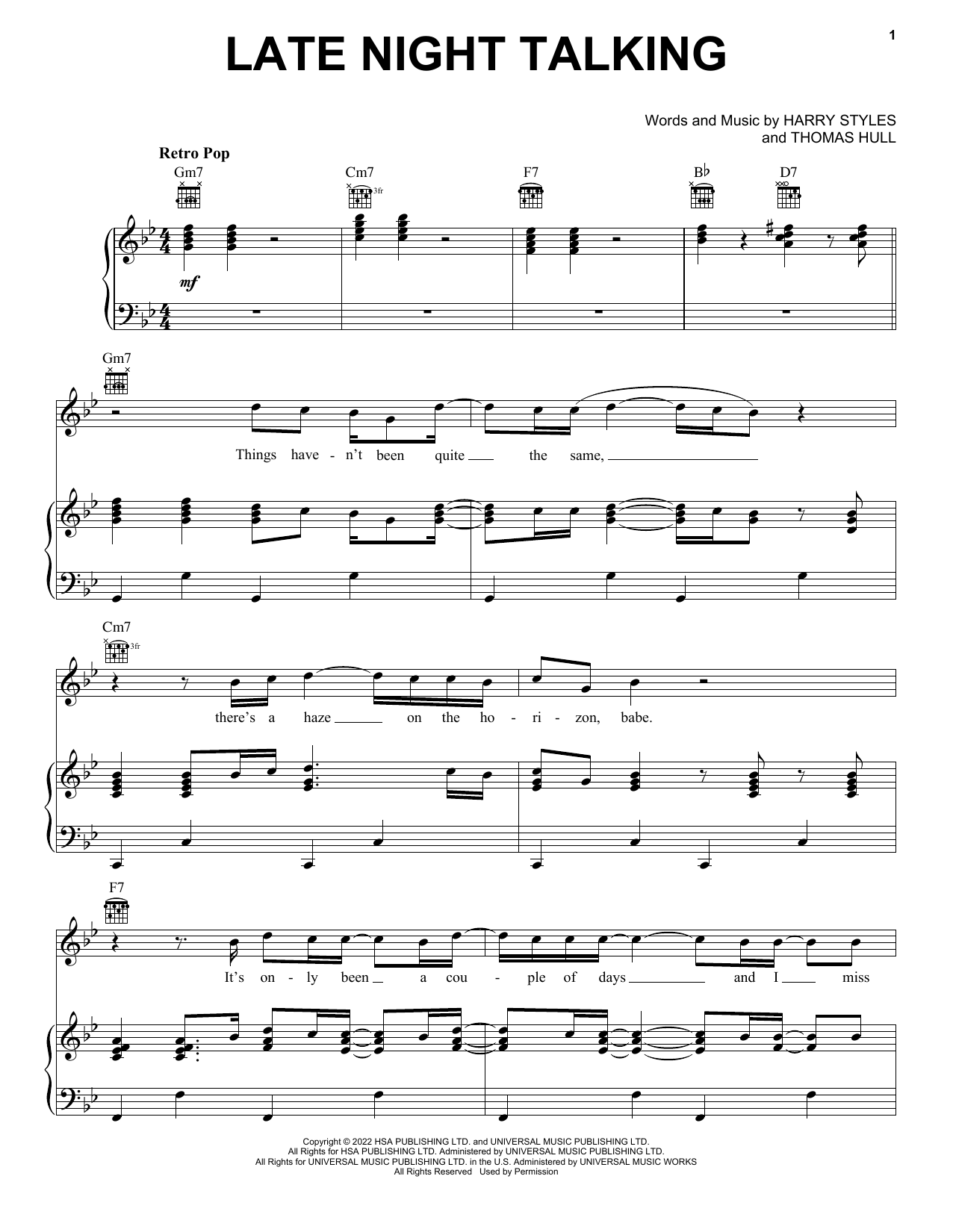 Harry Styles Late Night Talking sheet music notes printable PDF score