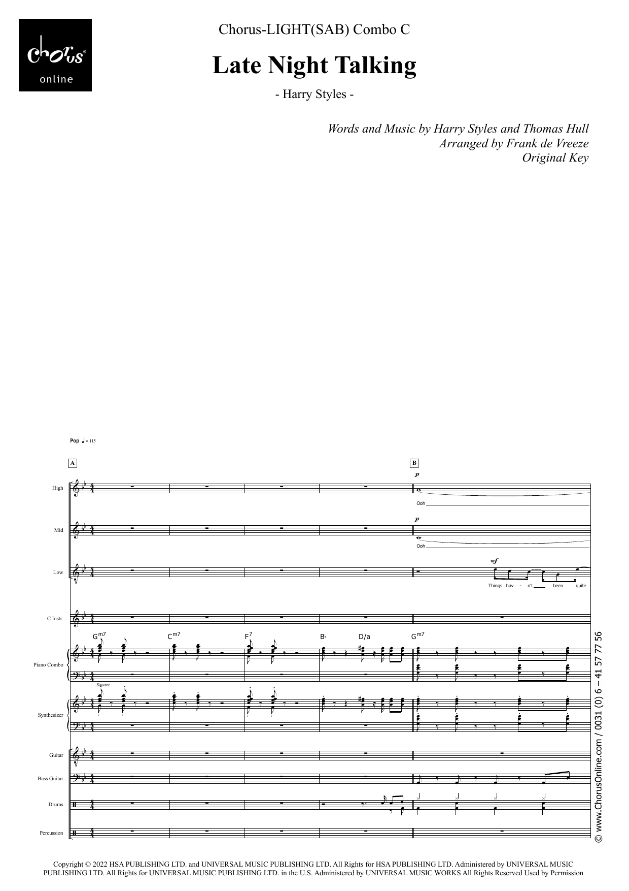 Harry Styles Late Night Talking (arr. Frank de Vreeze) sheet music notes printable PDF score