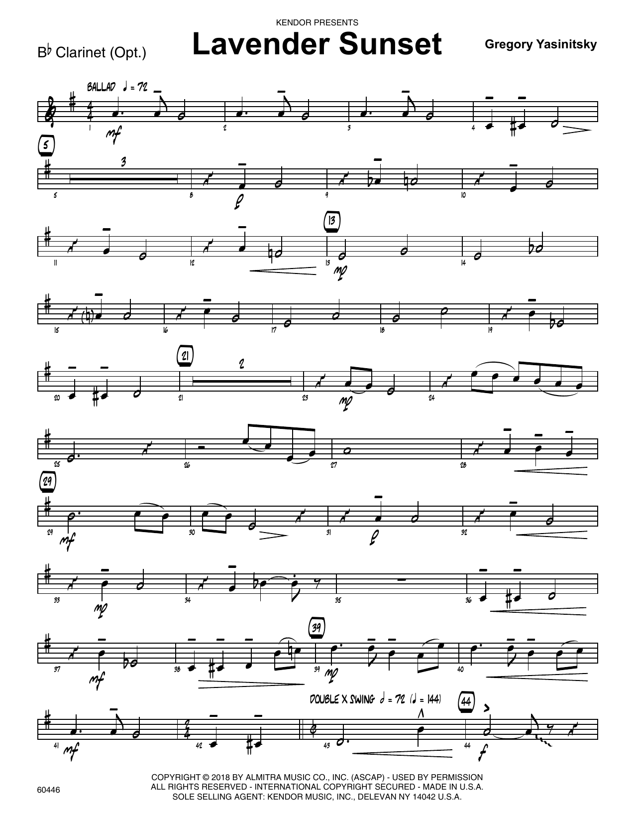 Download Gregory Yasinitsky Lavender Sunset - Bb Clarinet Sheet Music