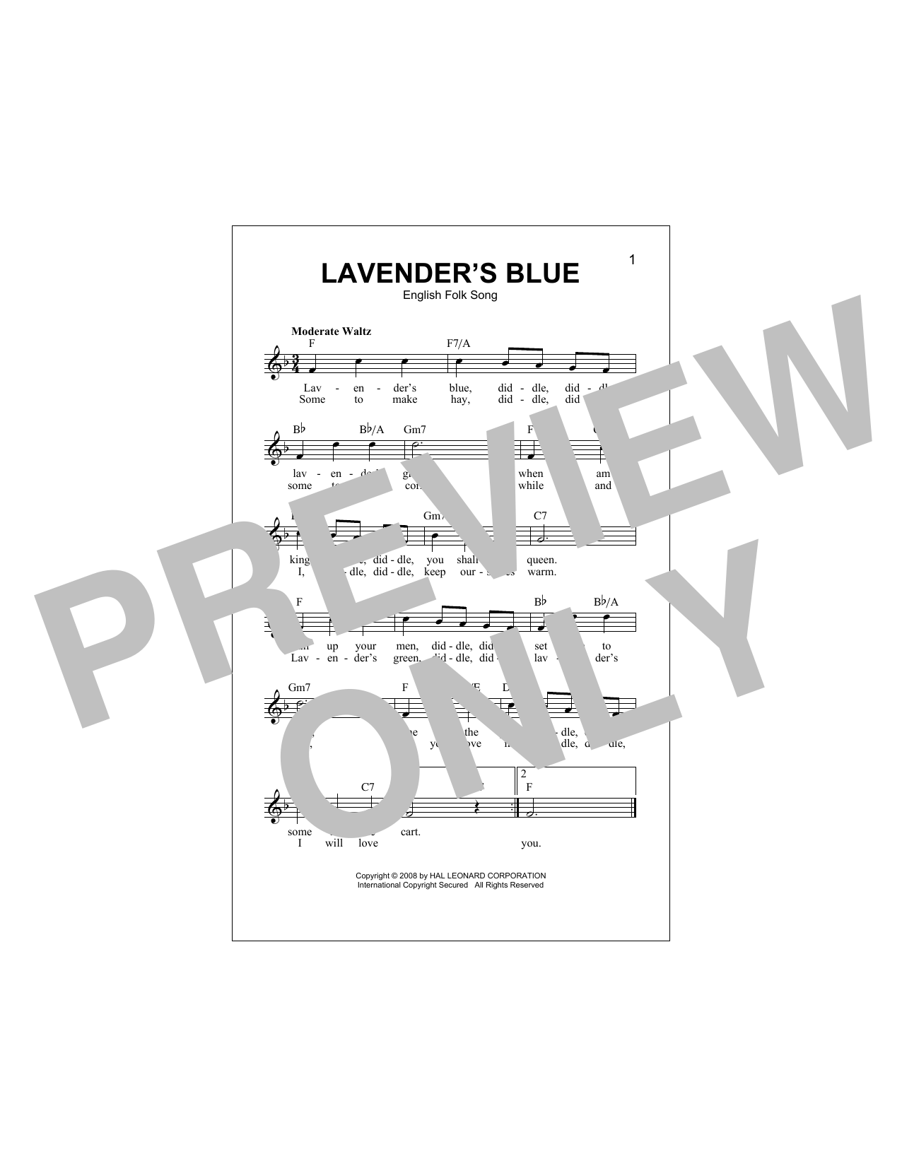 Download English Folk Song Lavender's Blue Sheet Music