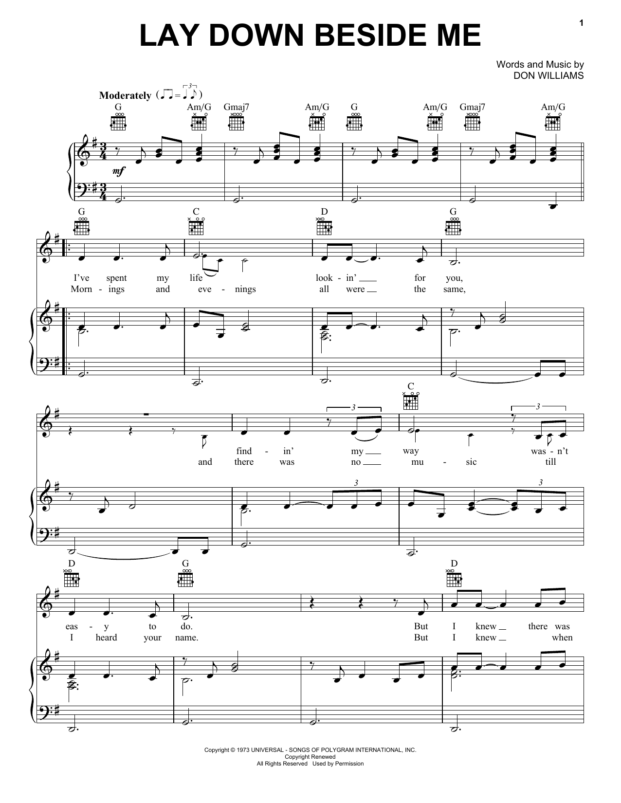 Download Don Williams Lay Down Beside Me Sheet Music