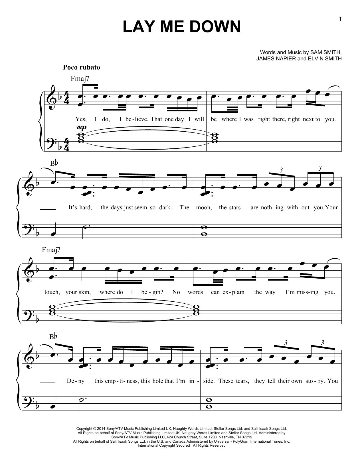 Download Sam Smith Lay Me Down Sheet Music