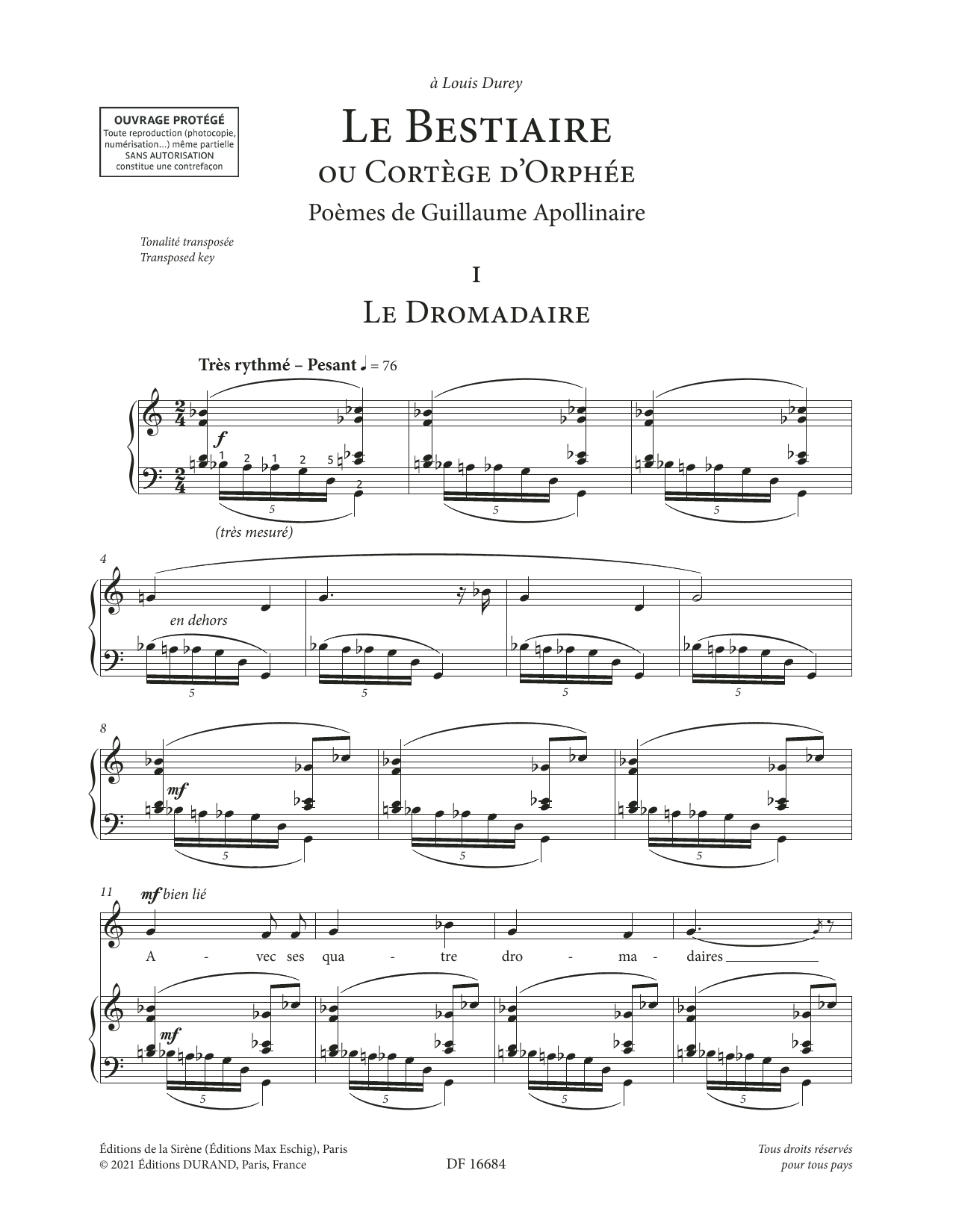 Francis Poulenc Le Bestiaire ou le Cortège d'Orphée (High Voice) sheet music notes printable PDF score