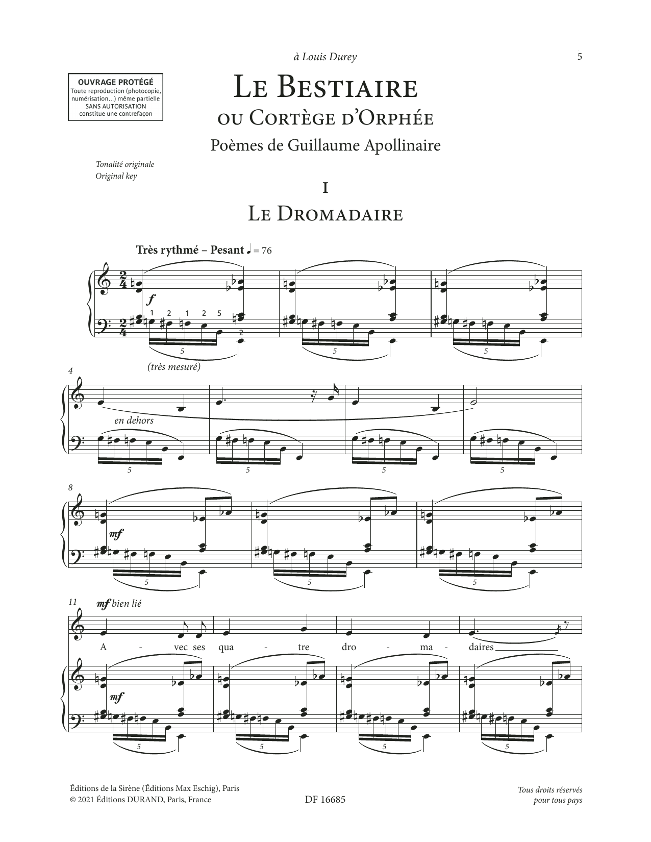 Francis Poulenc Le Bestiaire ou le Cortège d'Orphée (Low Voice) sheet music notes printable PDF score