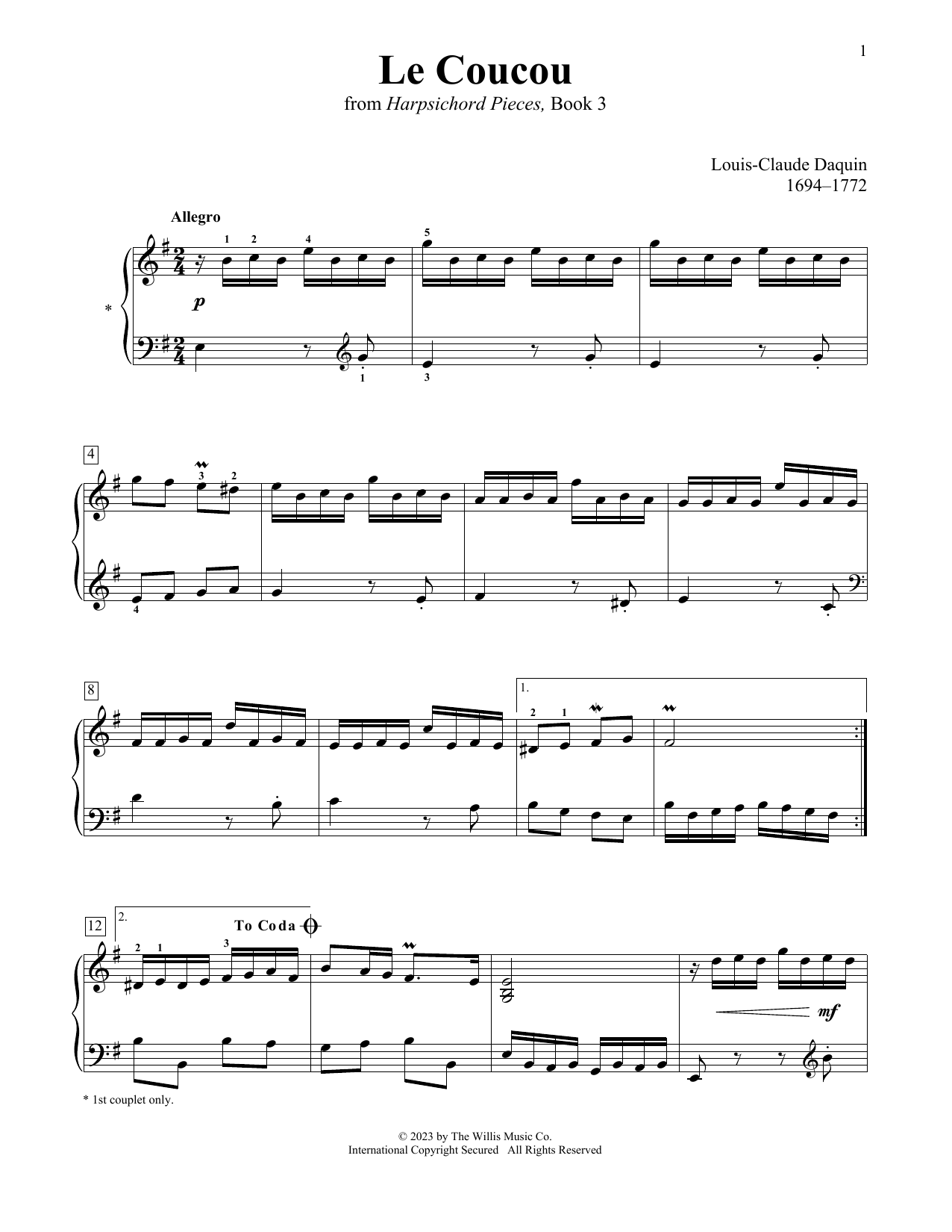 Louis-Claude Daquin Le Coucou sheet music notes printable PDF score