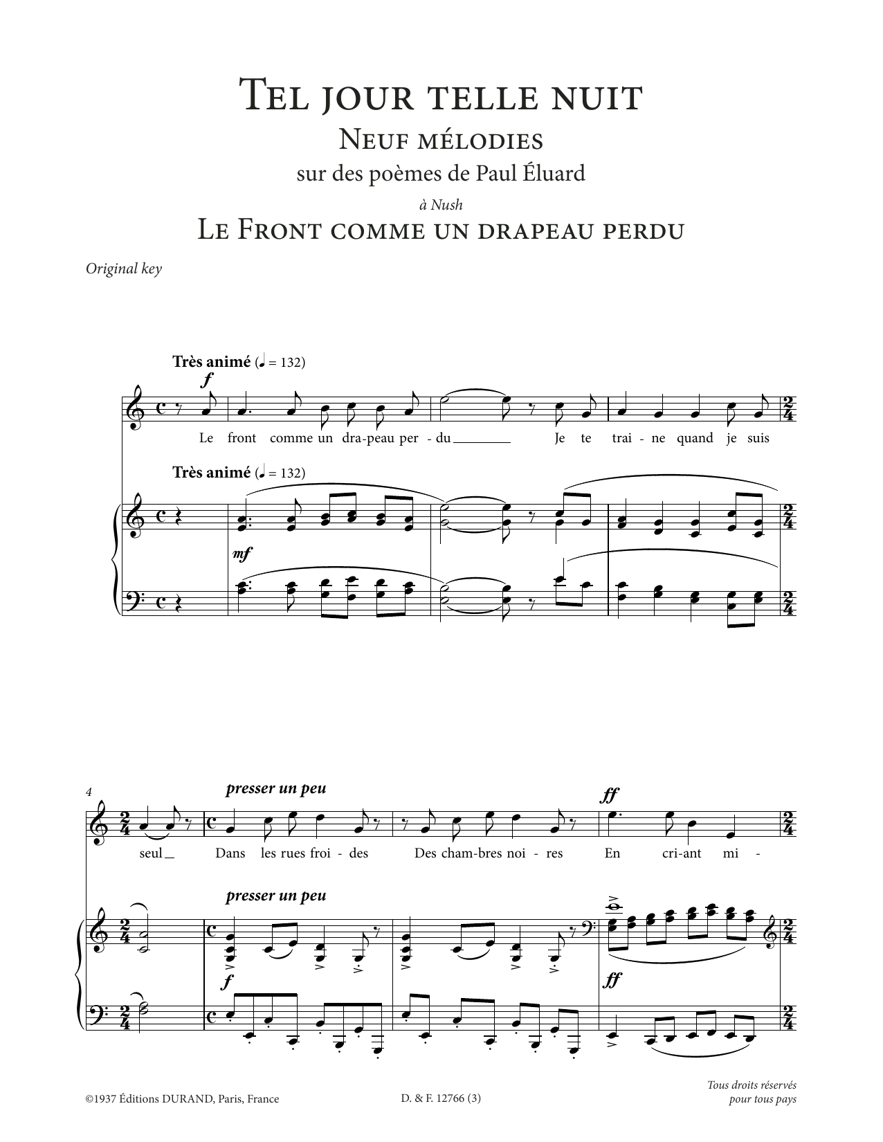 Francis Poulenc Le front comme un drapeau perdu (High Voice) sheet music notes printable PDF score