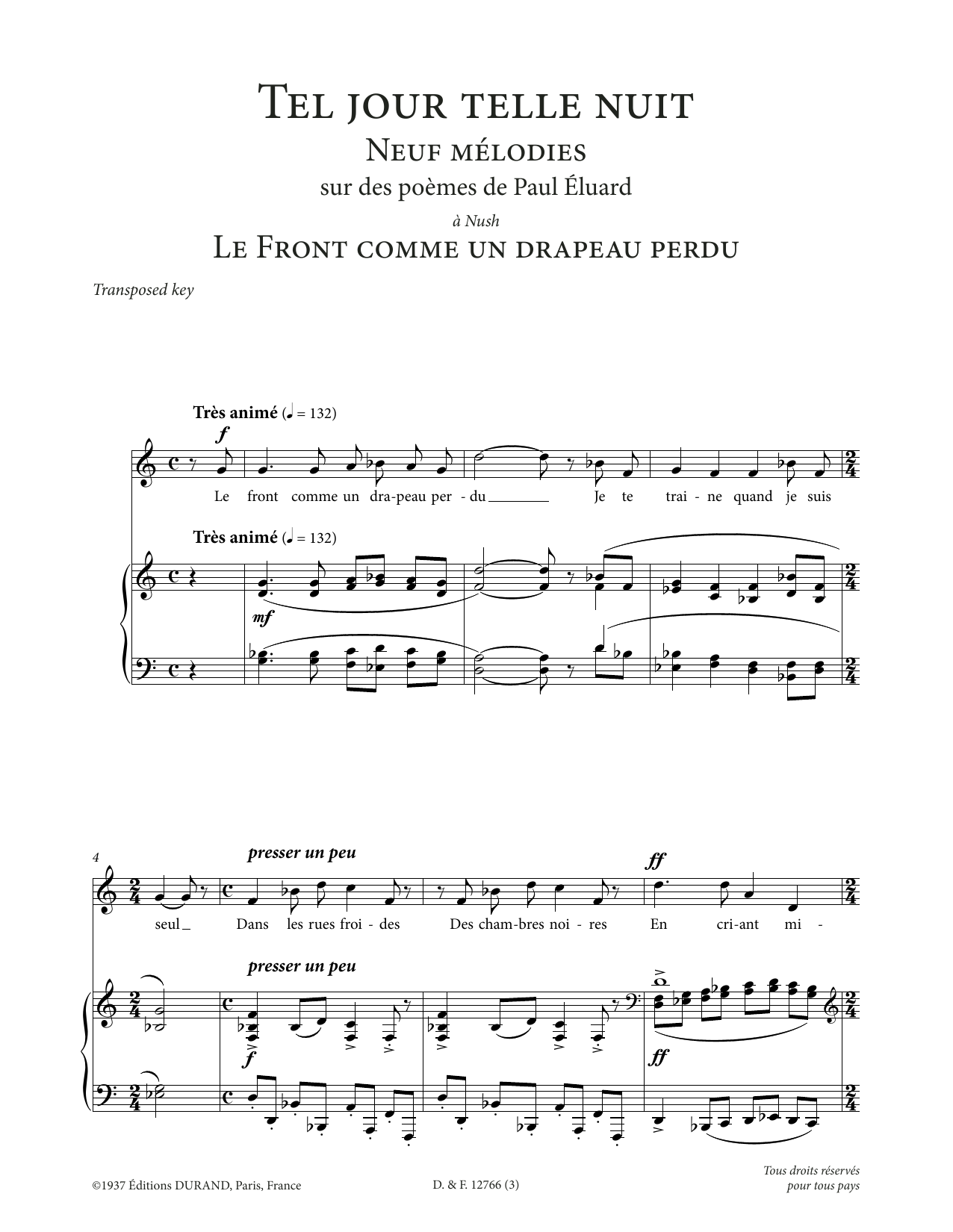 Francis Poulenc Le front comme un drapeau perdu (Low Voice) sheet music notes printable PDF score