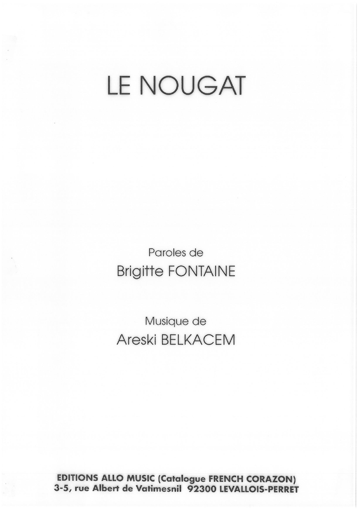 Download Brigitte Fontaine & Areski Belkacem Le Nougat Sheet Music