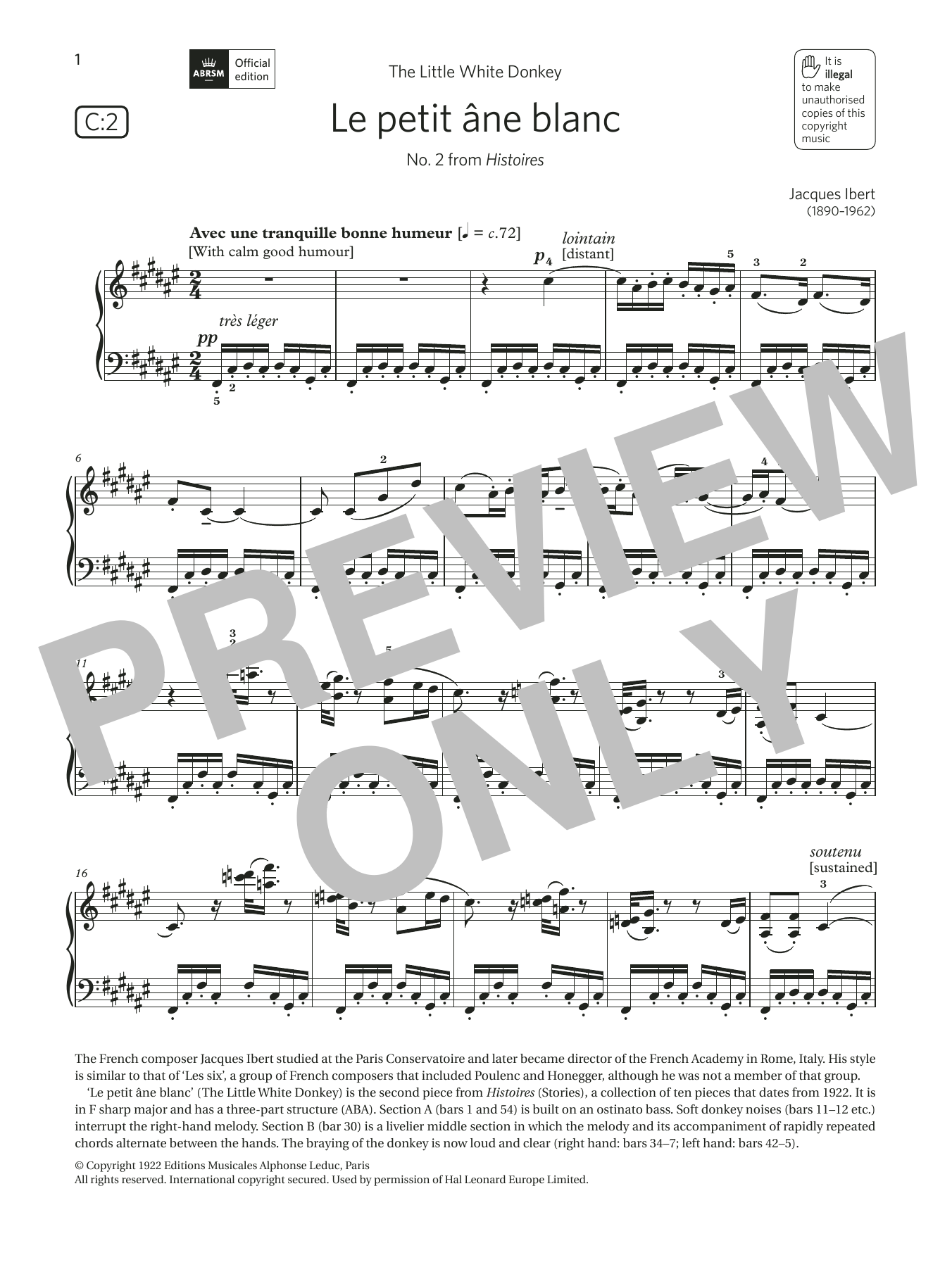 Download Jacques Ibert Le petit âne blanc (Grade 7, list C2, Sheet Music