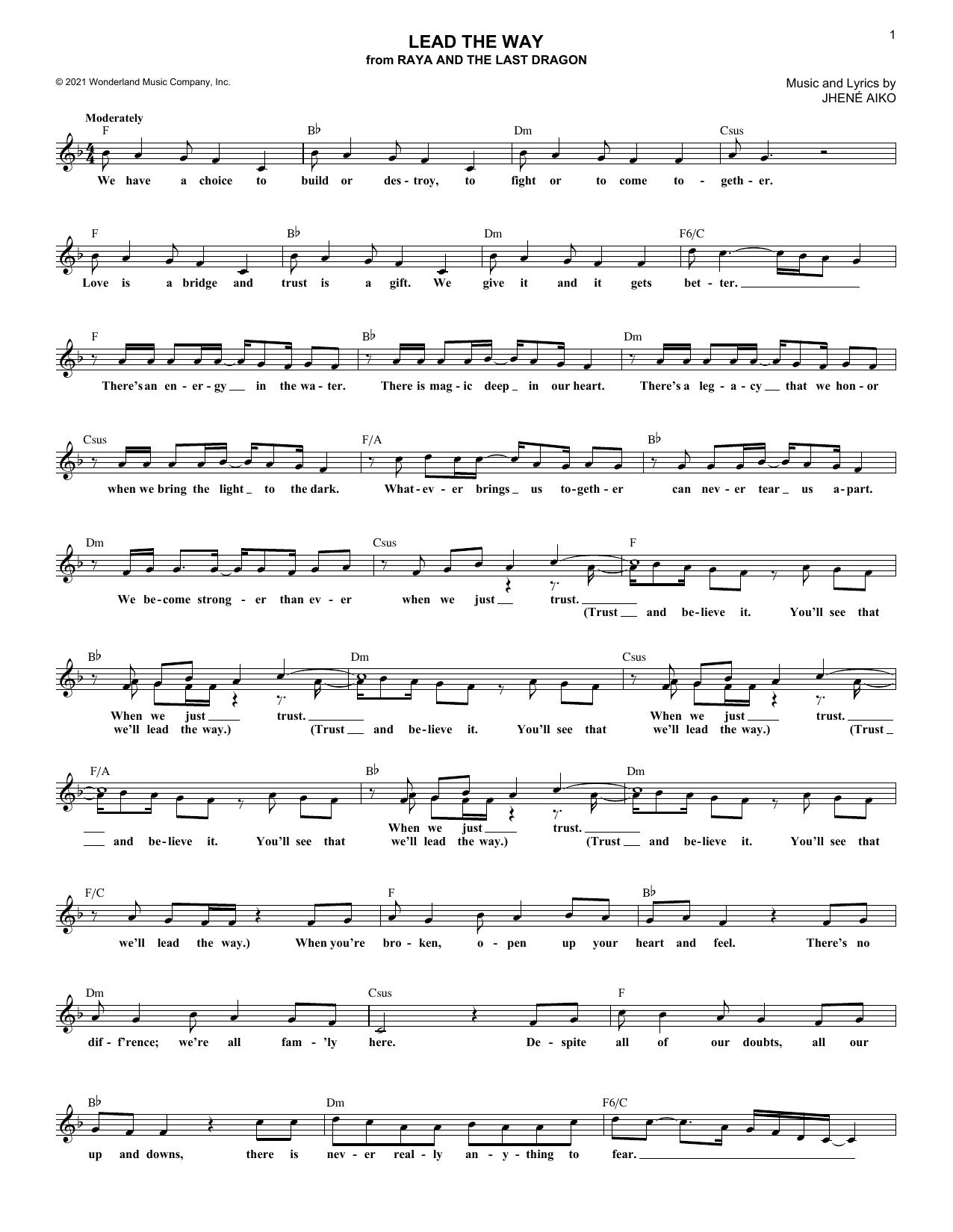 Download Jhene Aiko Lead The Way (from Raya And The Last Dr Sheet Music