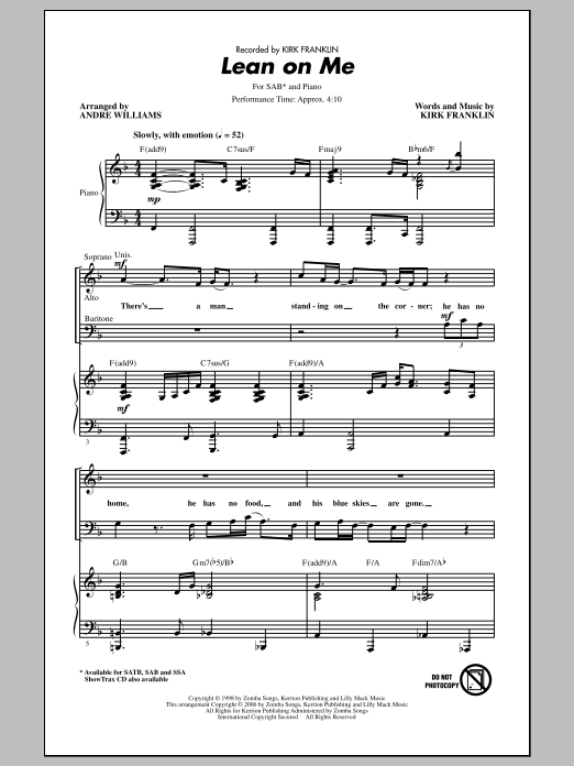 Download Andre Williams Lean On Me Sheet Music