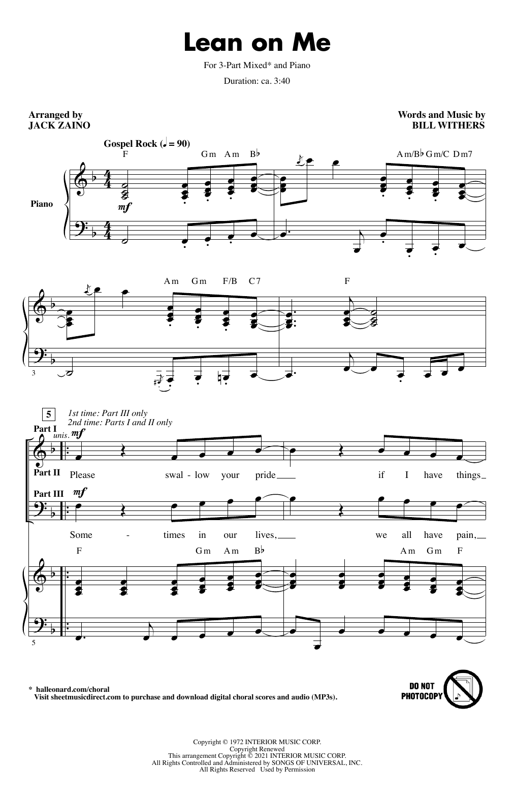 Download Bill Withers Lean On Me (arr. Jack Zaino) Sheet Music