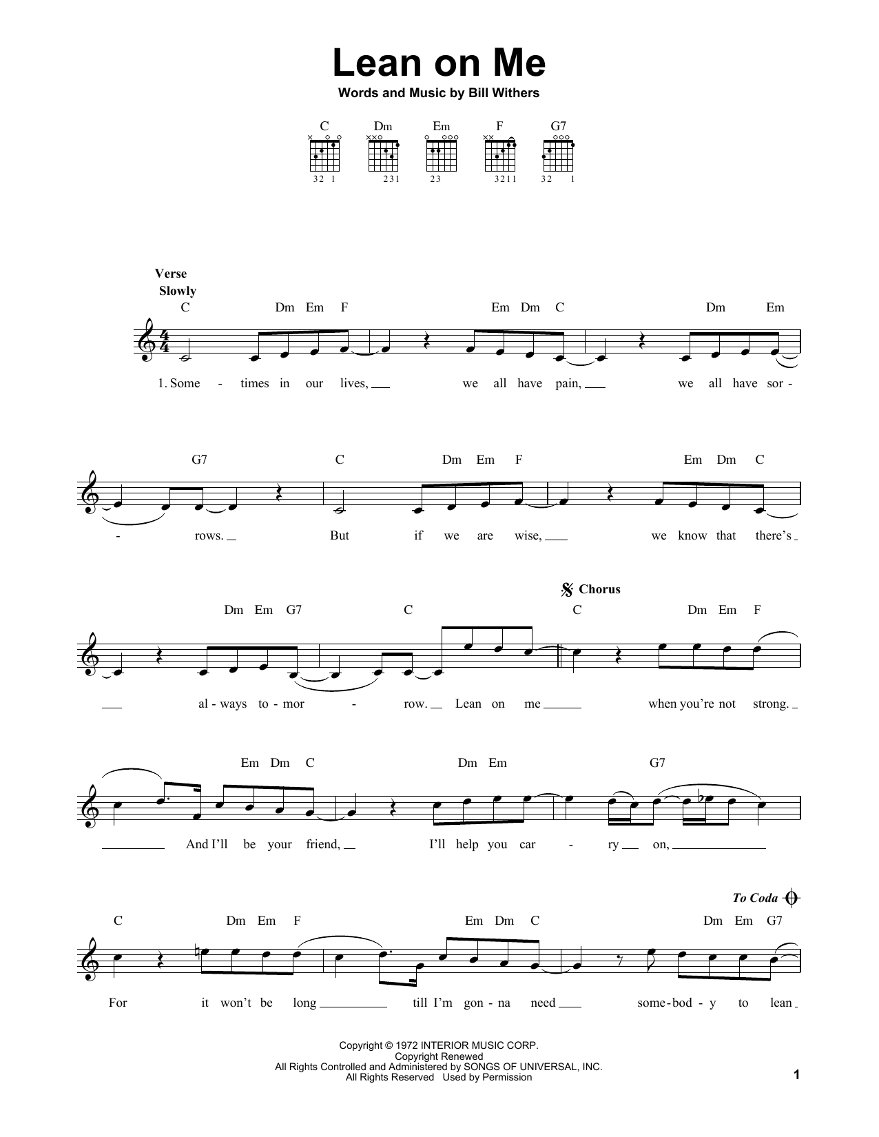 Bill Withers Lean On Me sheet music notes printable PDF score