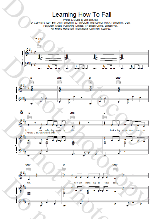Jon Bon Jovi Learning How To Fall sheet music notes printable PDF score