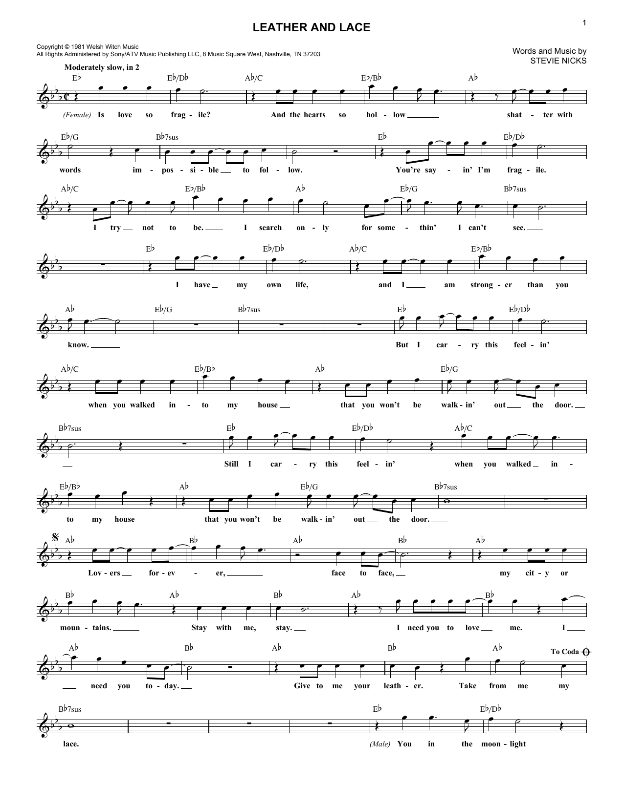 Download Stevie Nicks Leather And Lace Sheet Music