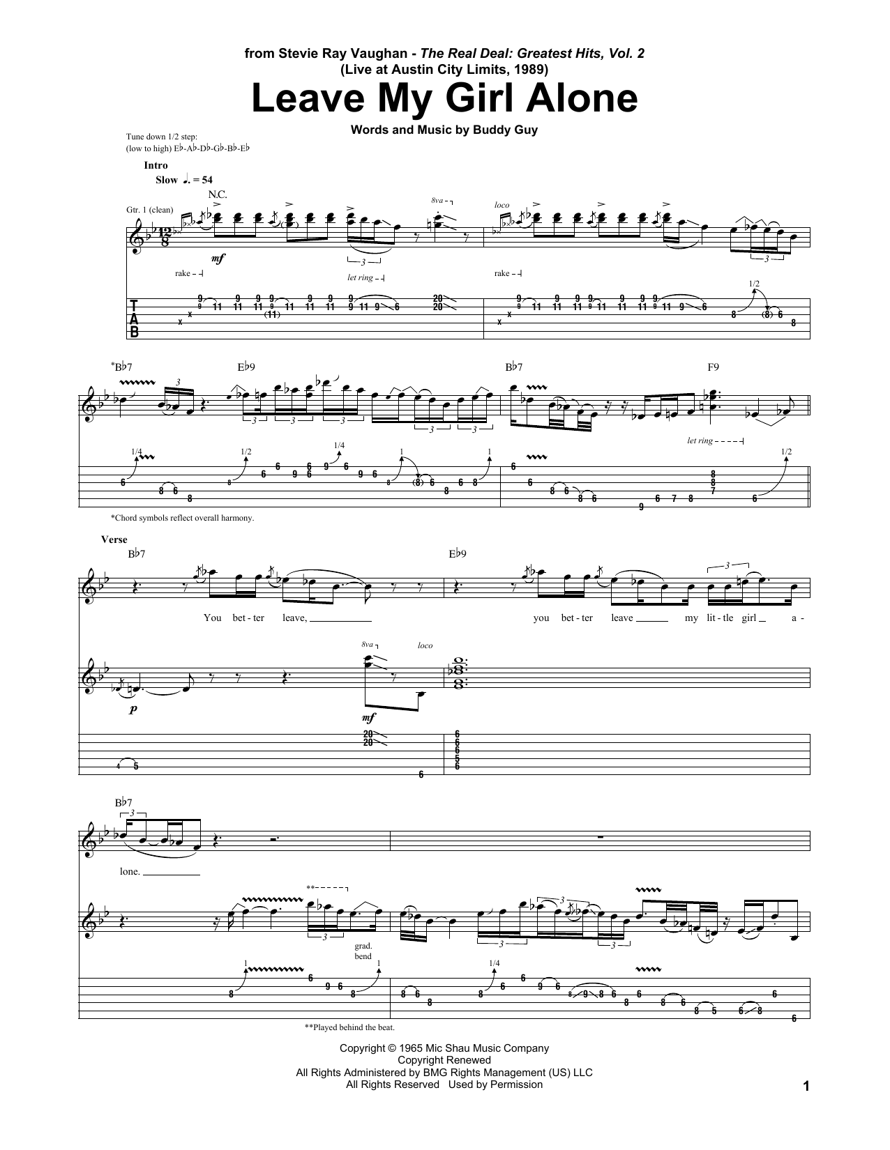 Download Stevie Ray Vaughan Leave My Girl Alone Sheet Music