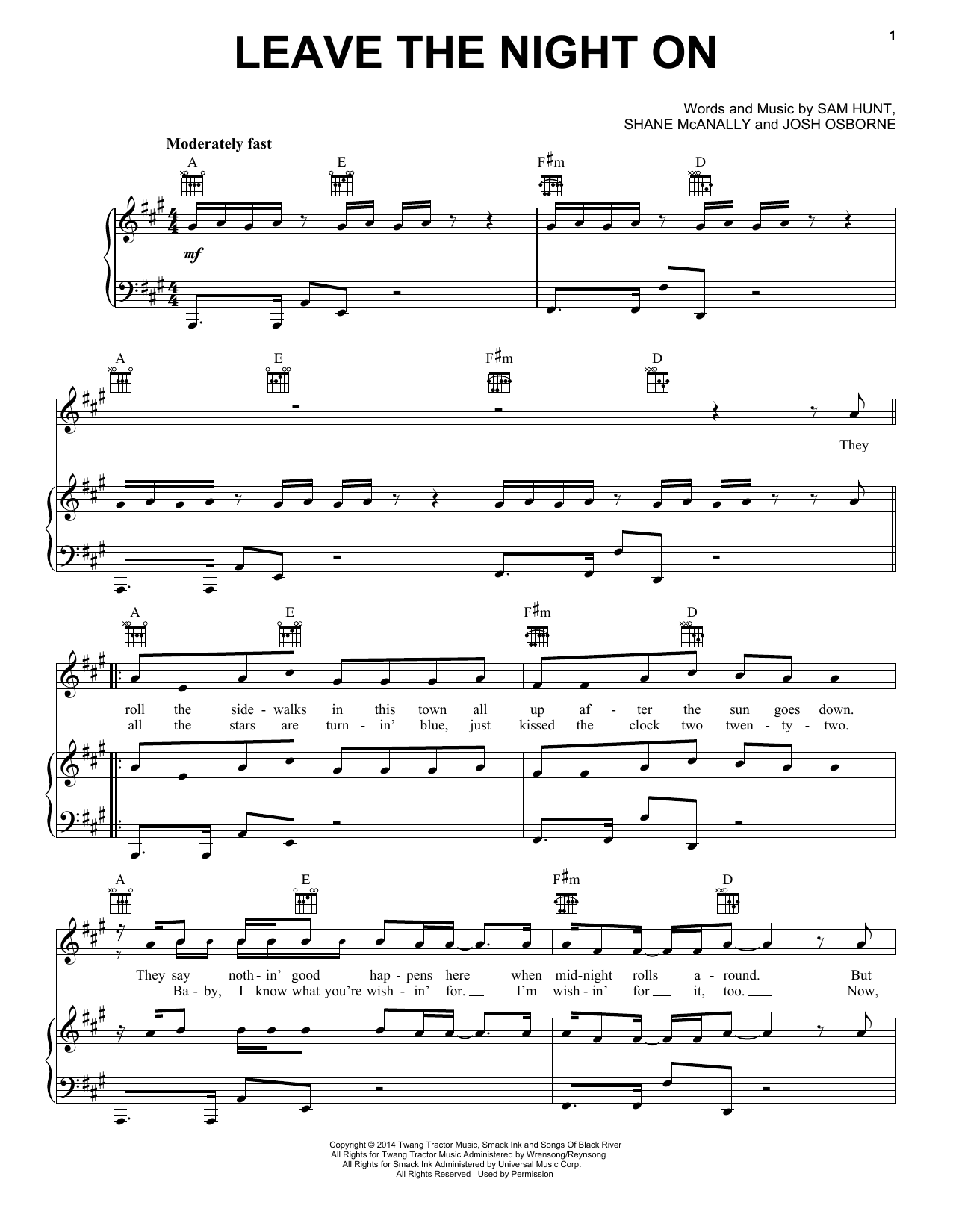 Download Sam Hunt Leave The Night On Sheet Music