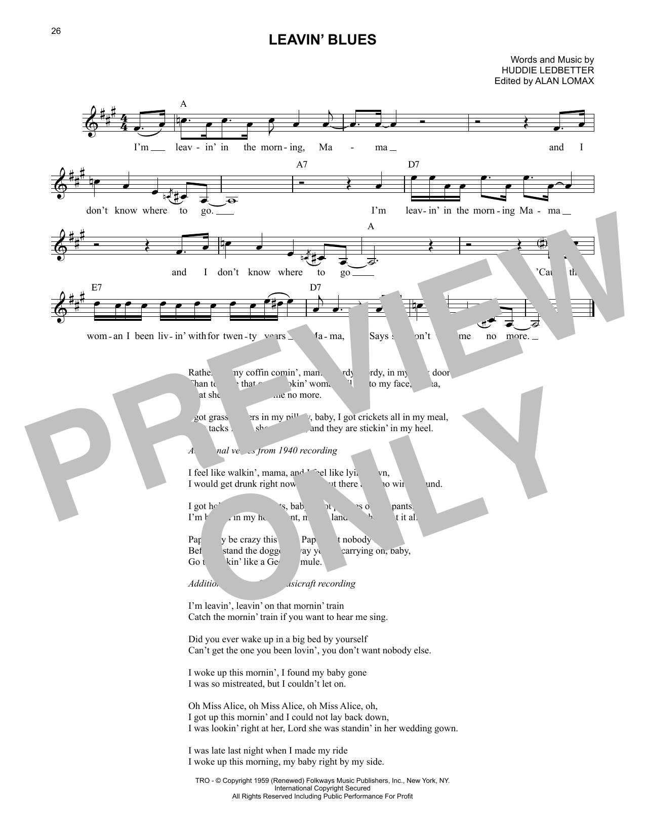 Lead Belly Leavin' Blues sheet music notes printable PDF score