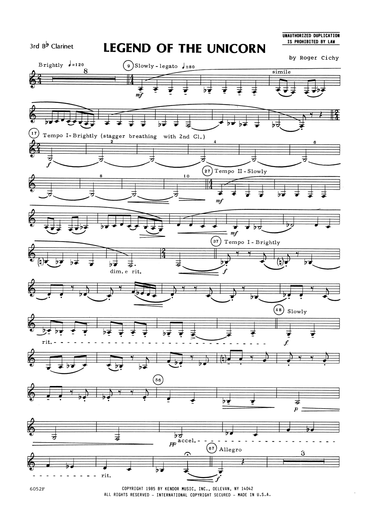 Download Roger Cichy Legend Of The Unicorn - 3rd Bb Clarinet Sheet Music