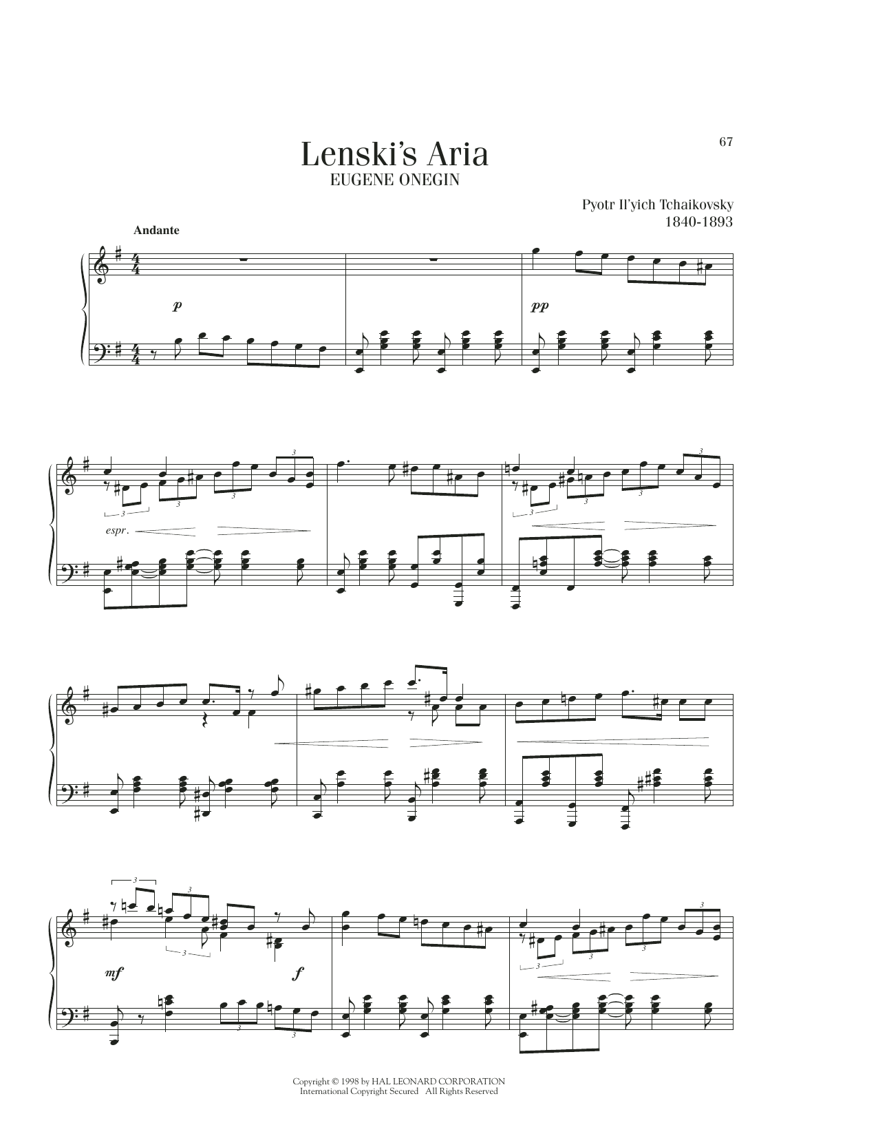 Pyotr Il'yich Tchaikovsky Lenski's Aria sheet music notes printable PDF score