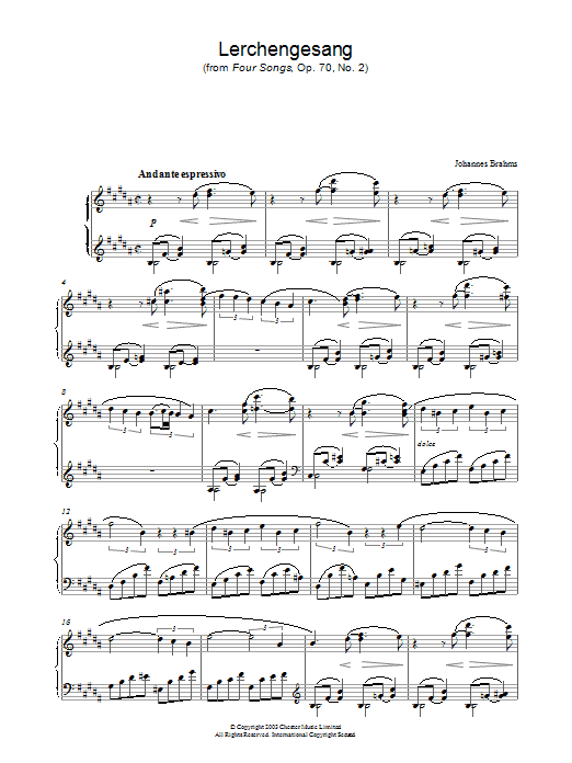 Download Johannes Brahms Lerchengesang (from Four Songs, Op. 70, Sheet Music