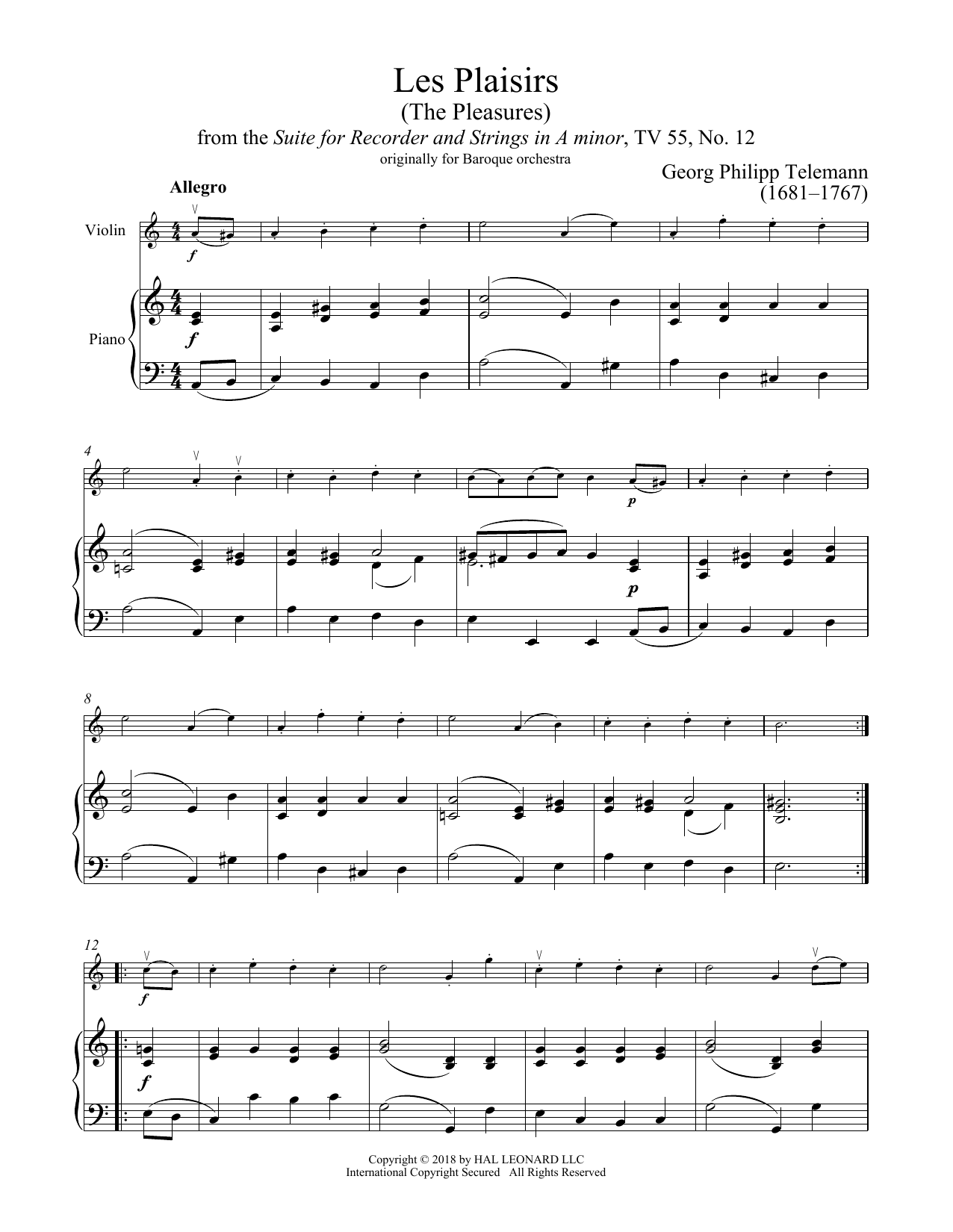 Download Georg Philipp Telemann Les Plaisirs Sheet Music