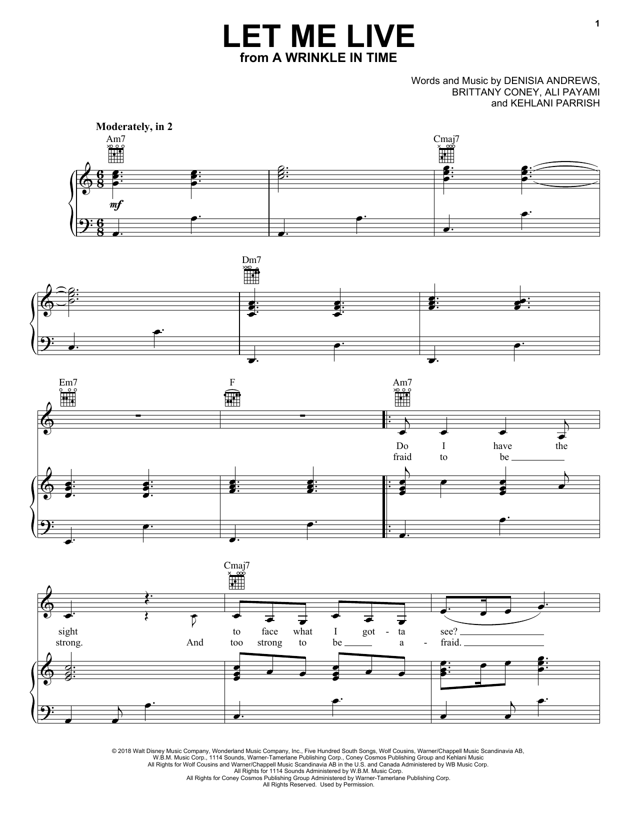 Download Ali Payami Let Me Live (from A Wrinkle In Time) Sheet Music