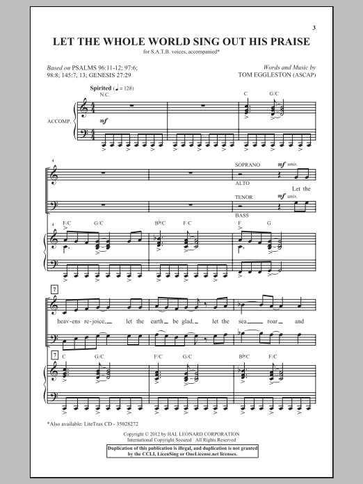 Download Tom Eggleston Let The Whole World Sing Out His Praise Sheet Music