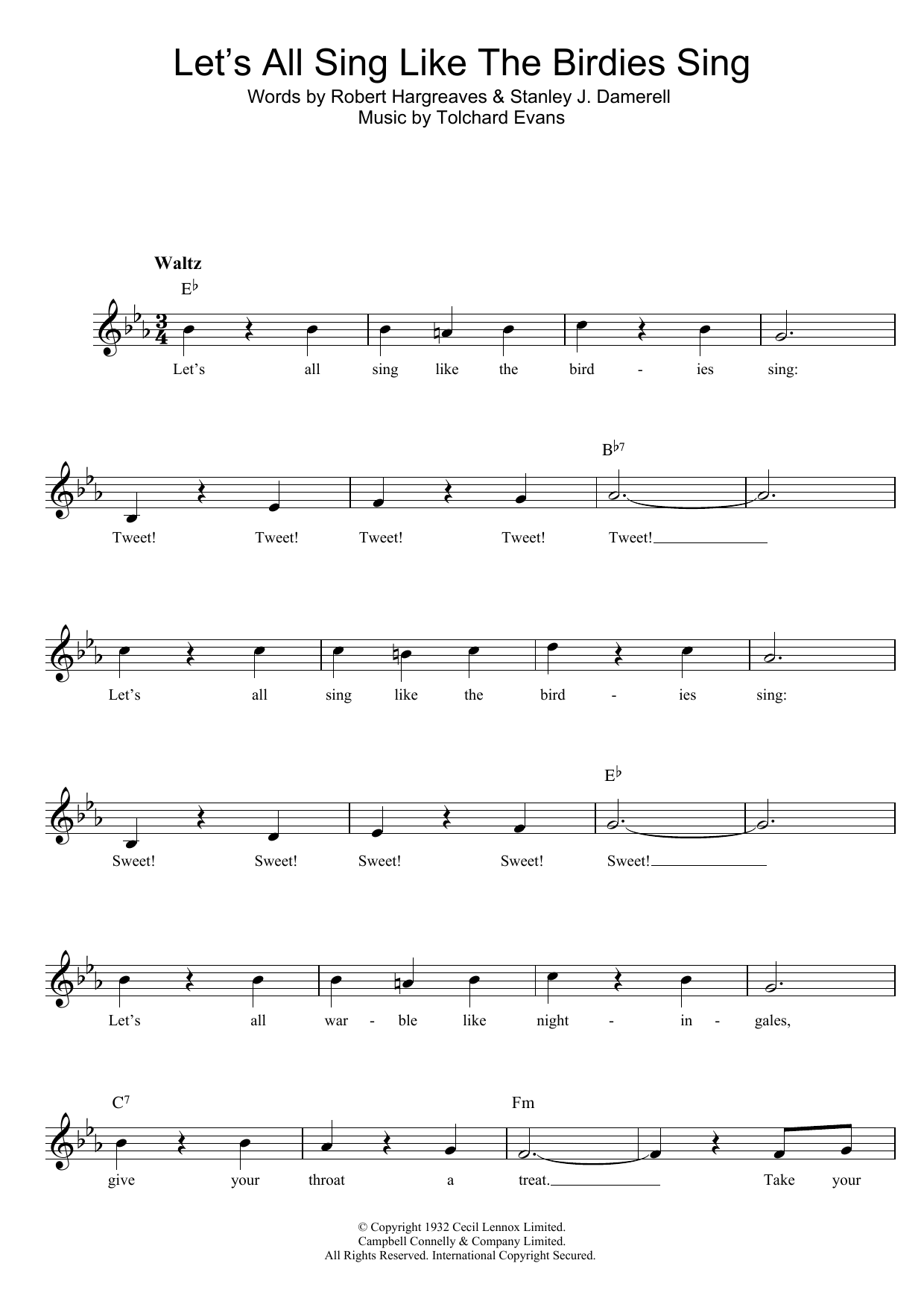 Tolchard Evans Let's All Sing Like The Birdies Sing sheet music notes printable PDF score