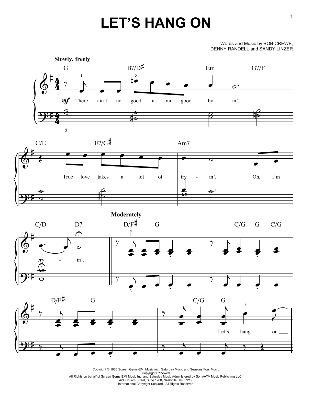 Download Frankie Valli & The Four Seasons Let's Hang On Sheet Music