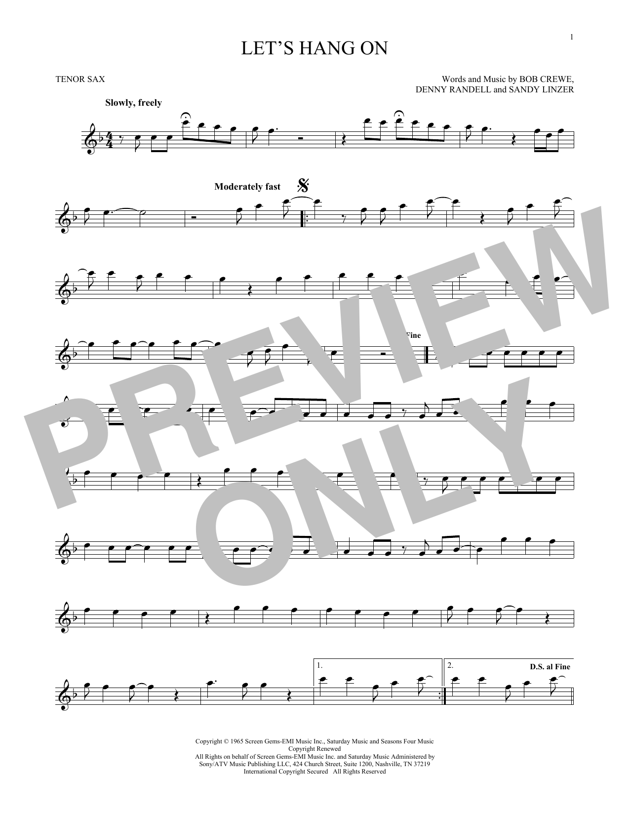 Download The 4 Seasons Let's Hang On Sheet Music