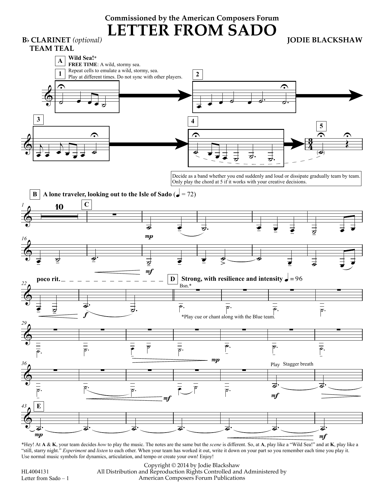 Download Jodie Blackshaw Letter from Sado - Bb Clarinet (opt) Te Sheet Music