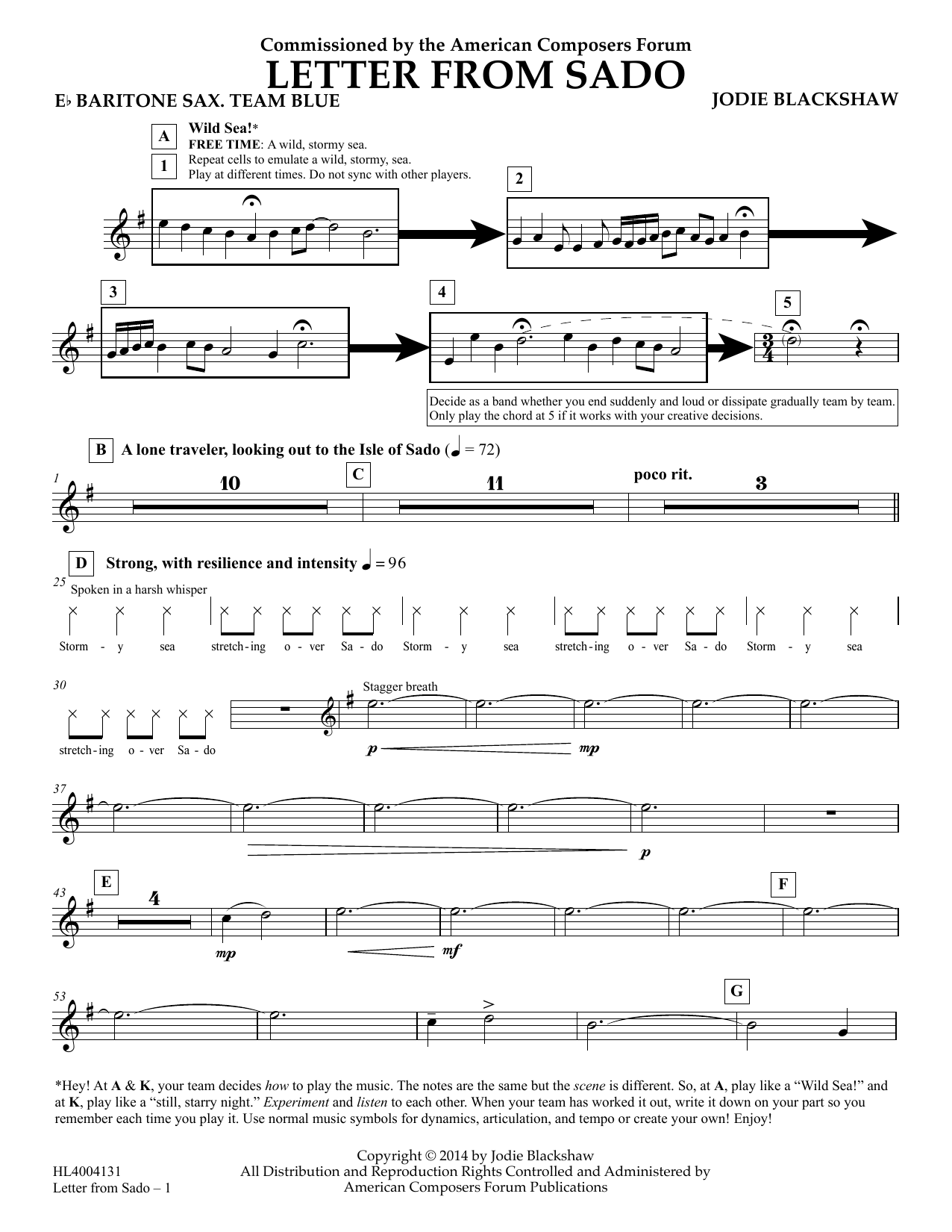 Download Jodie Blackshaw Letter from Sado - Eb Baritone Sax Team Sheet Music