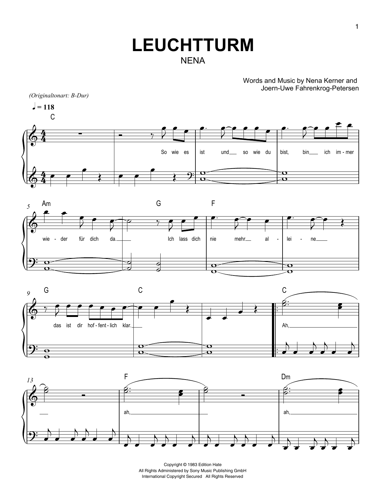 Nena Leuchtturm sheet music notes printable PDF score