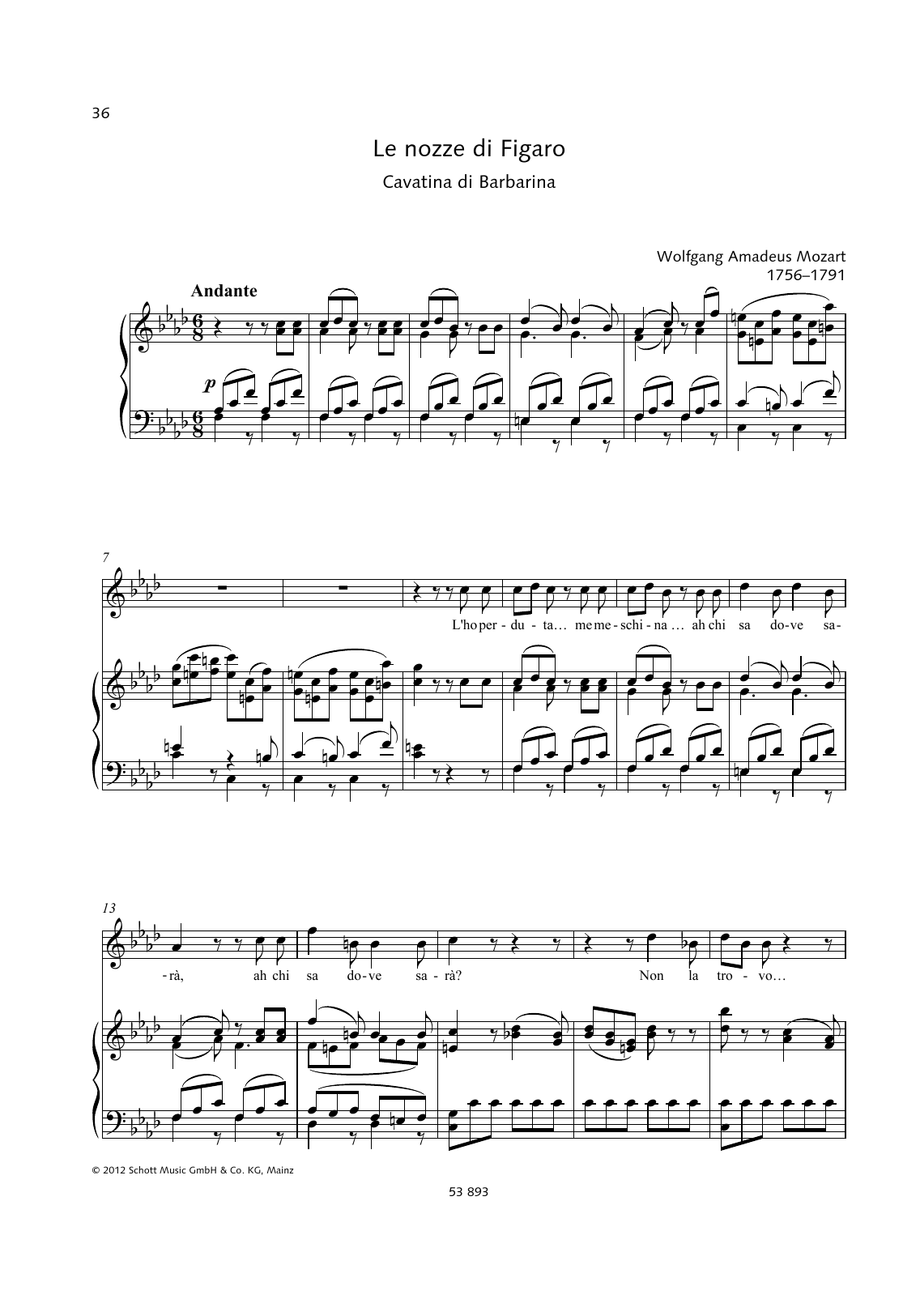 Download Wolfgang Amadeus Mozart L'ho perduta Sheet Music